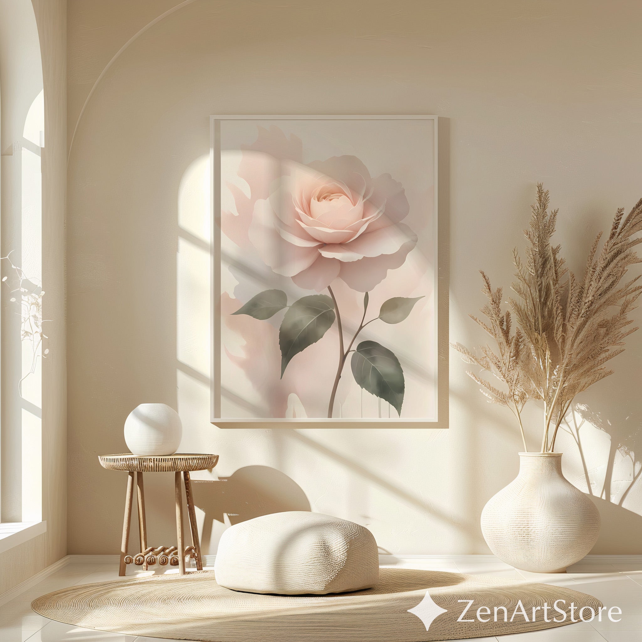 Blush Rose Wall Art Print - Soft Pastel Botanical Rose, Minimal Floral Nursery & Bedroom Decor, Neutral Modern Printable