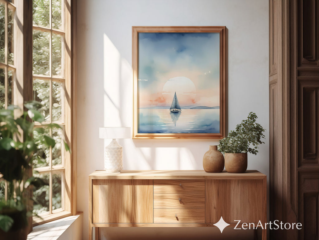 Calm Sailboat Watercolor Print - Serene Sunset Nautical Wall Art for Coastal Home
