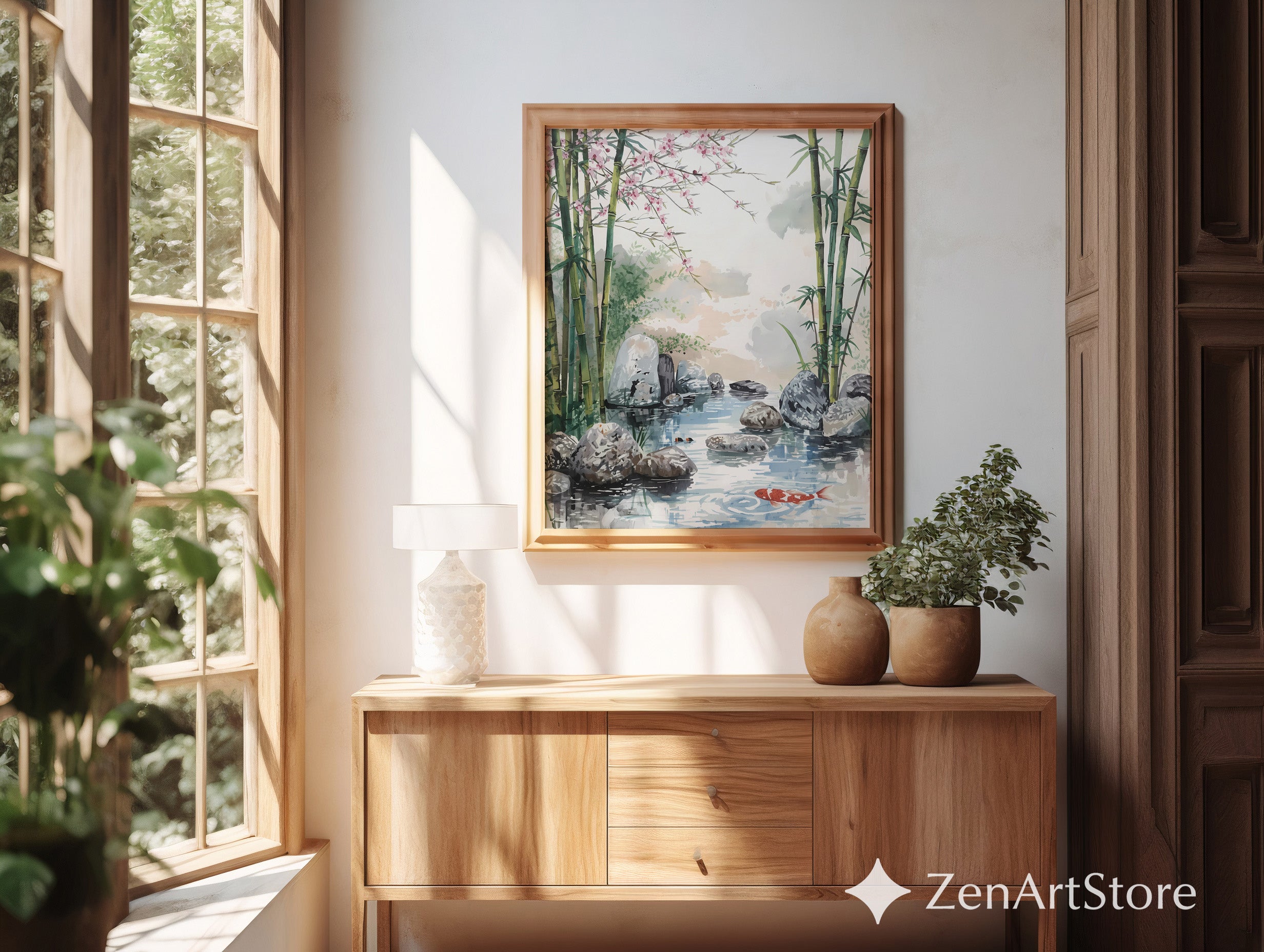 Zen Bamboo Koi Pond Watercolor Print - Japandi Wall Art with Cherry Blossoms for Calm Home Decor