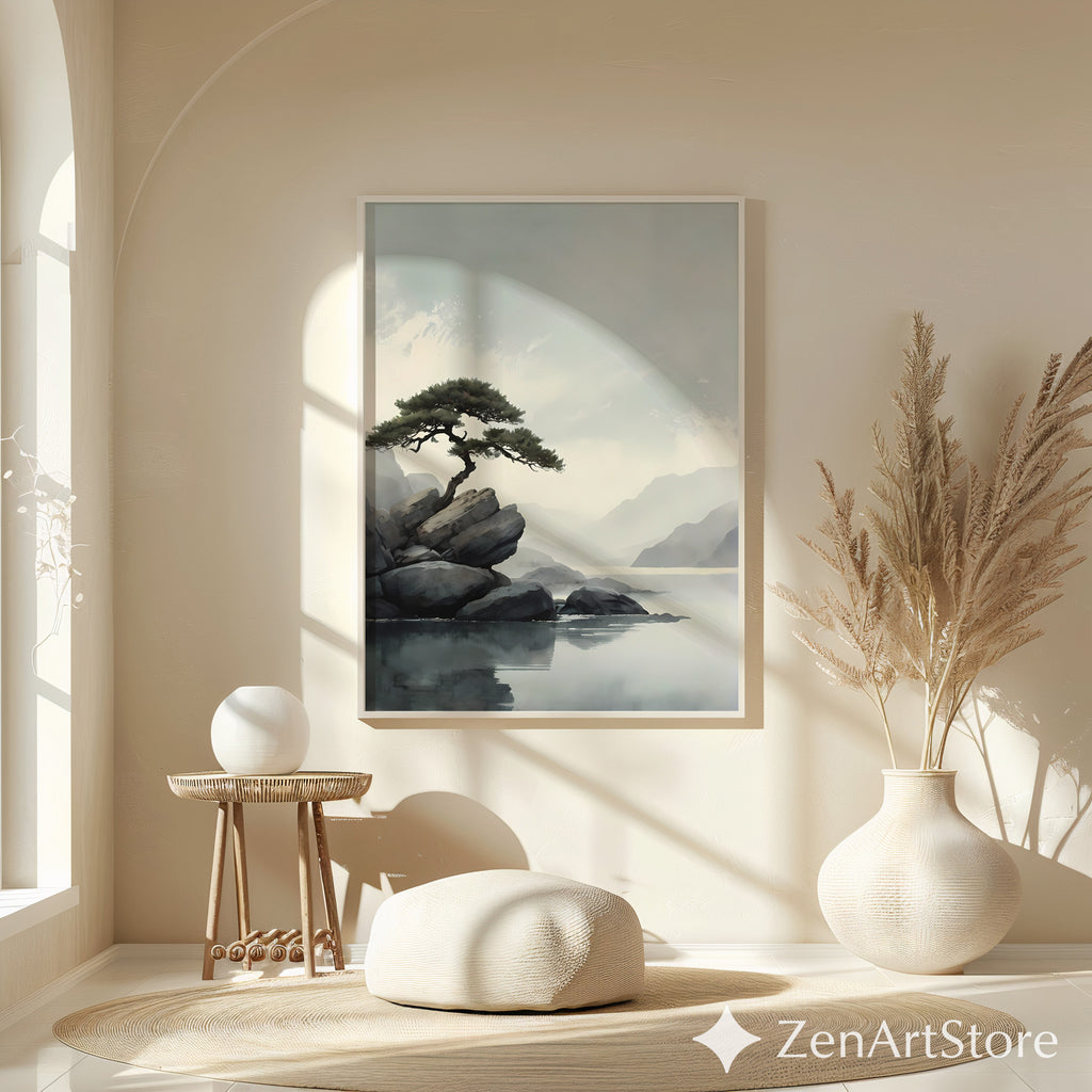 Zen Minimalist Landscape Print Lone Pine on Rocks - Japandi Scandinavian Wall Art Neutral Calm Home Decor