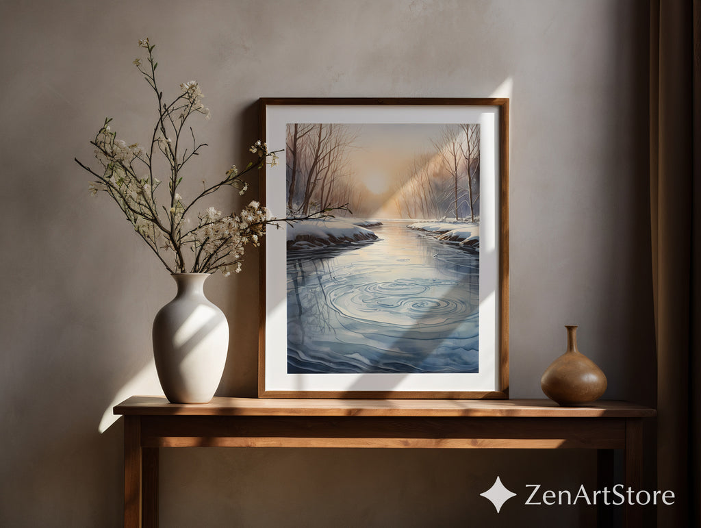 Winter River Sunrise Print - Minimal Scandinavian Landscape Wall Art, Neutral Japandi Zen Home Decor