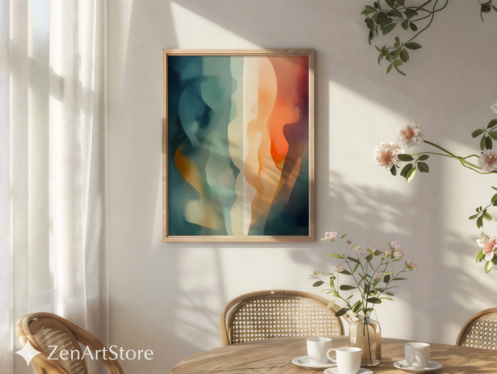 Abstract Fluid Wall Art Print - Calm Teal, Beige & Orange Minimalist Modern Home Decor, Japandi Wabi Sabi