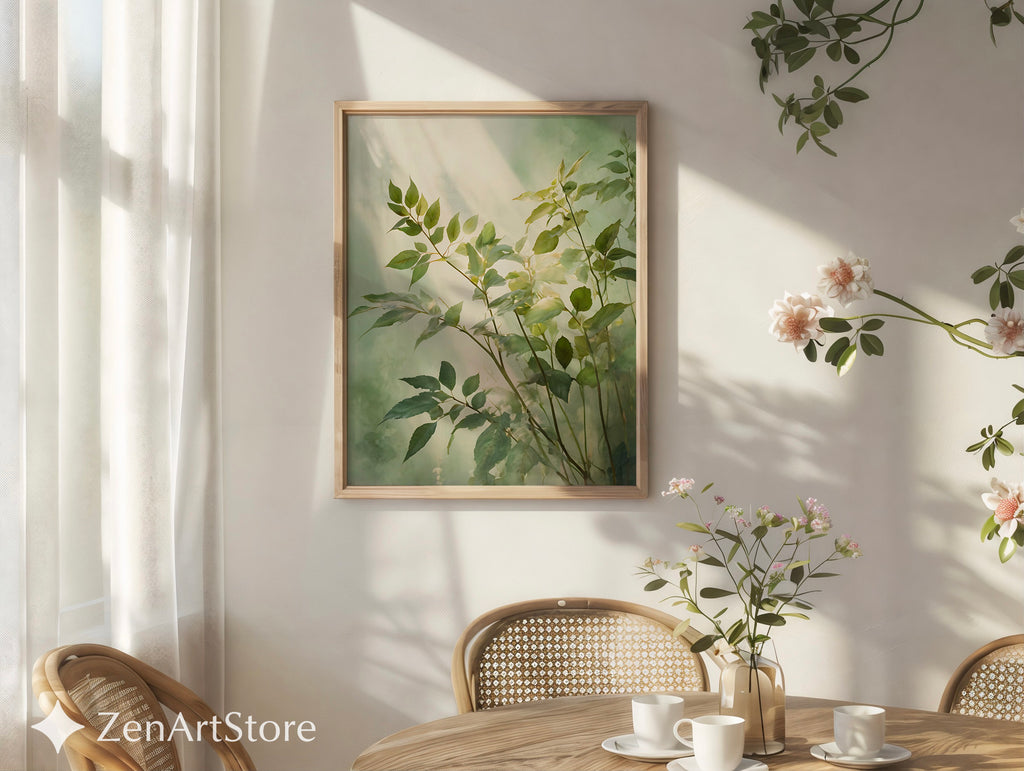 Serene Green Botanical Art Print - Minimal Leaf Wall Art, Japandi Wabi Sabi Neutral Home Decor