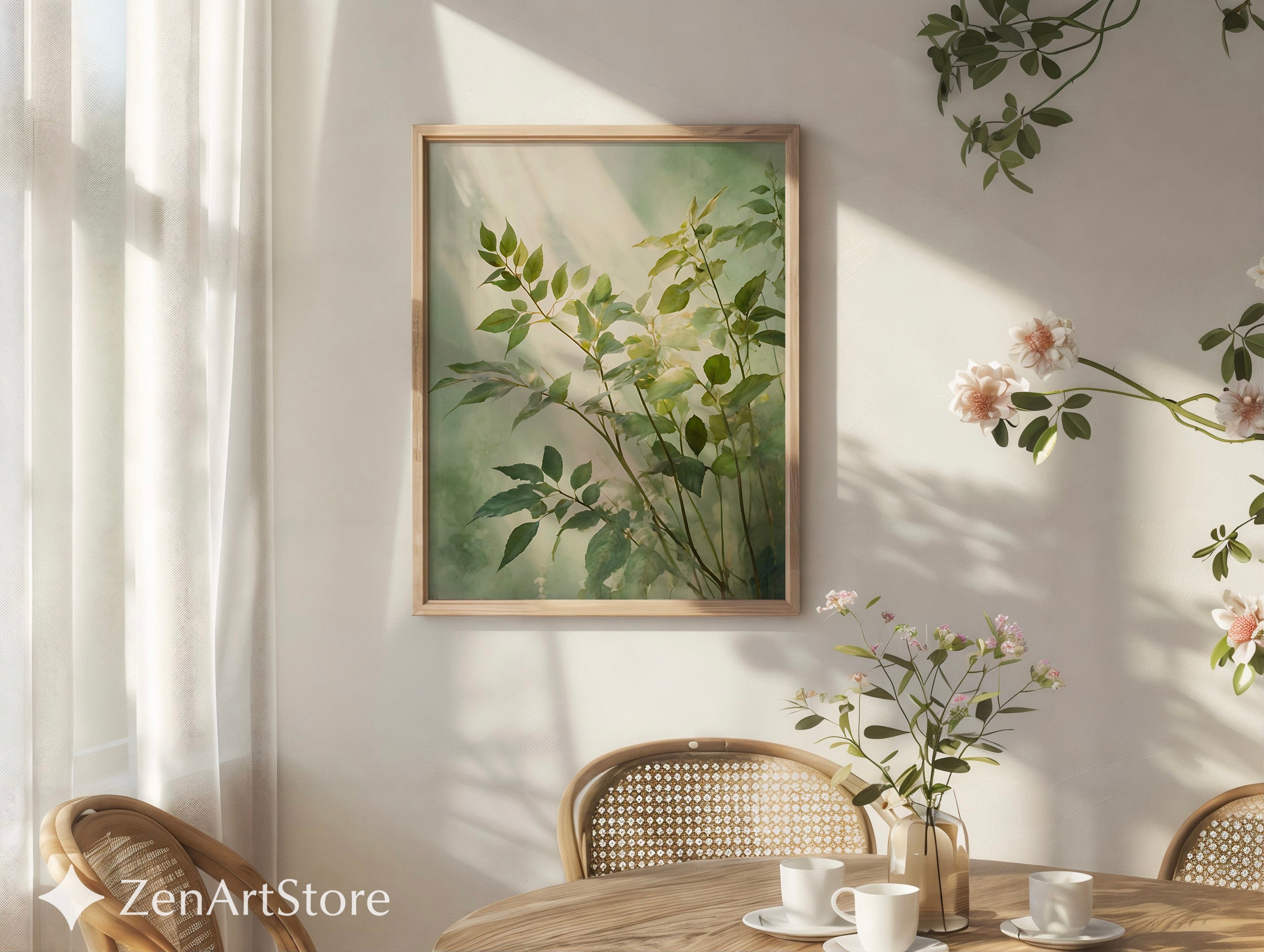 Serene Green Botanical Art Print - Minimal Leaf Wall Art, Japandi Wabi Sabi Neutral Home Decor