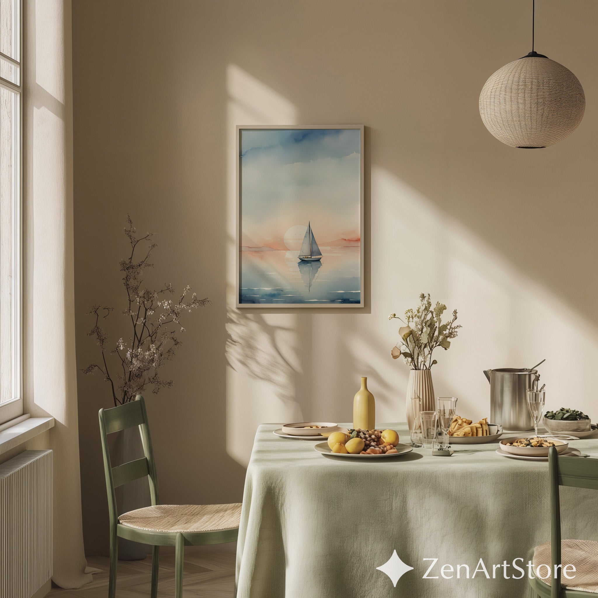Sailboat Watercolor Print - Calm Pastel Seascape Wall Art for Coastal, Minimal & Japandi Home Decor