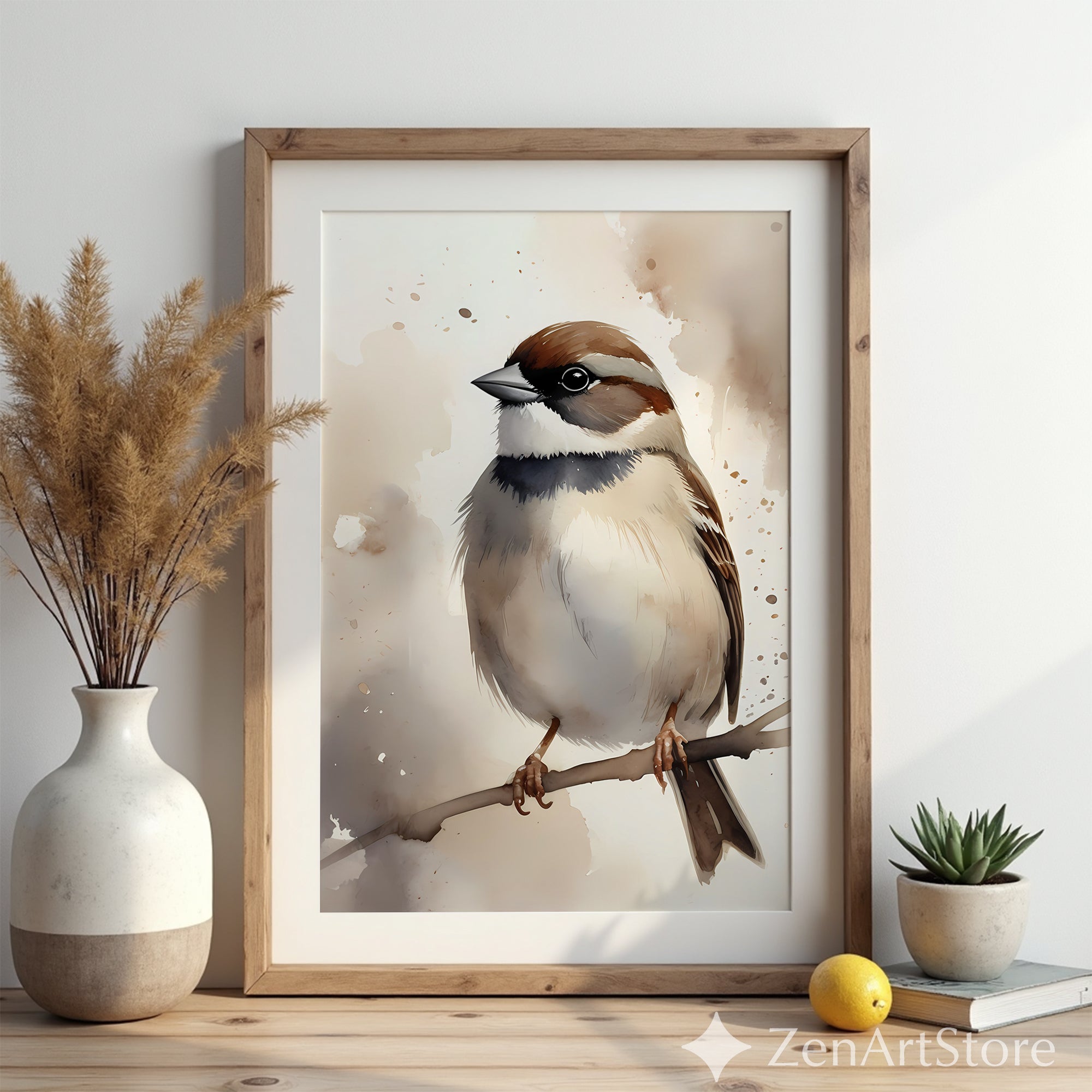Neutral Sparrow Watercolor Art Print - Minimal Bird Wall Decor for Japandi, Scandinavian & Boho Home