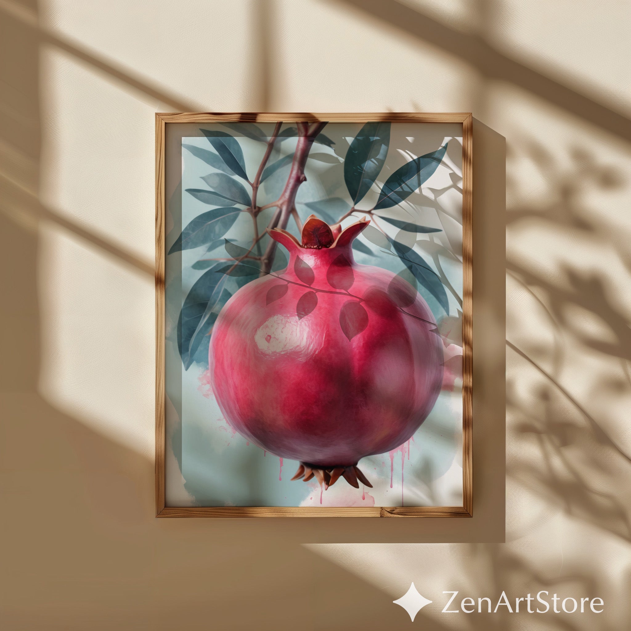 Pomegranate Wall Art Print - Botanical Fruit Still Life, Modern Minimalist Kitchen & Dining Decor, Japandi Wabi Sabi Scandi Style