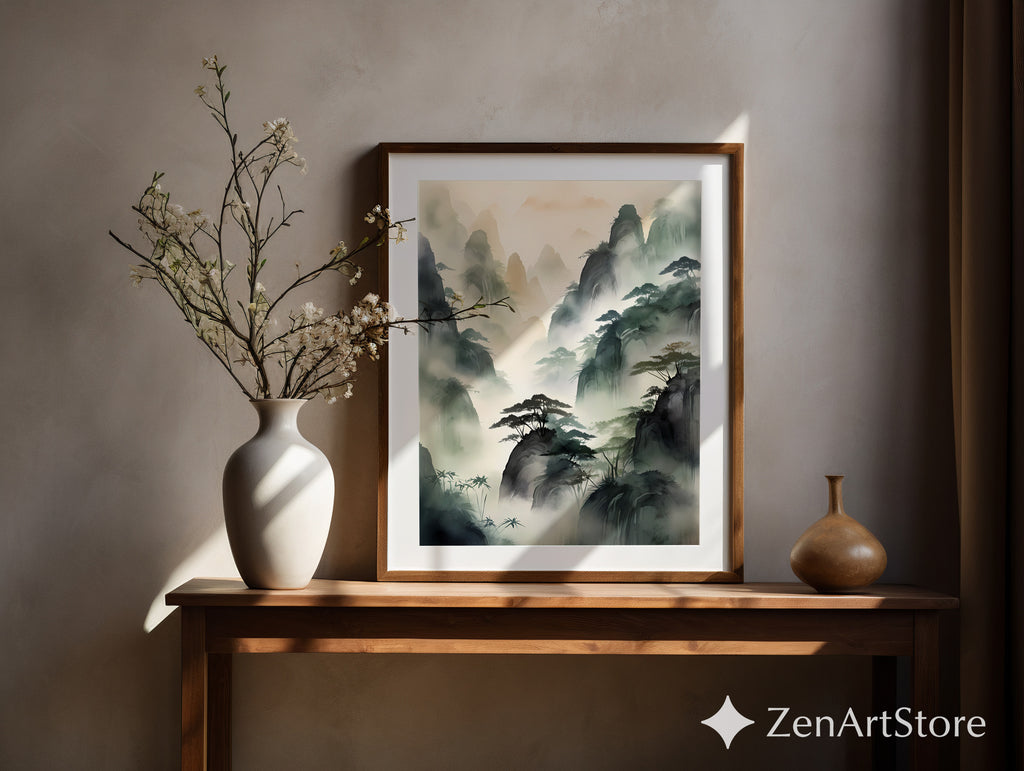 Misty Mountain Landscape Print - Zen Ink-Wash Wall Art for Living Room Japandi Neutral Home Decor
