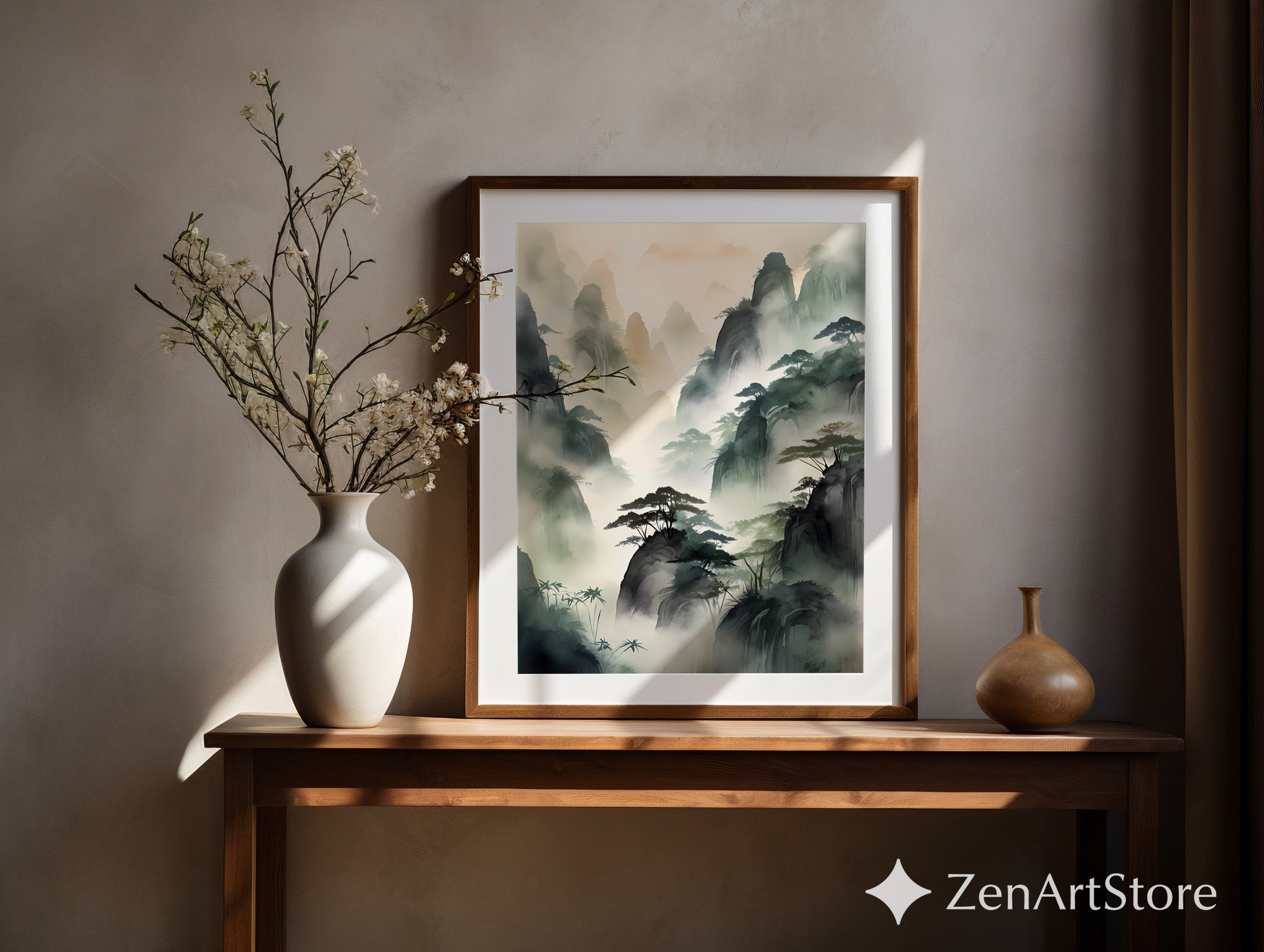Misty Mountain Landscape Print - Zen Ink-Wash Wall Art for Living Room Japandi Neutral Home Decor