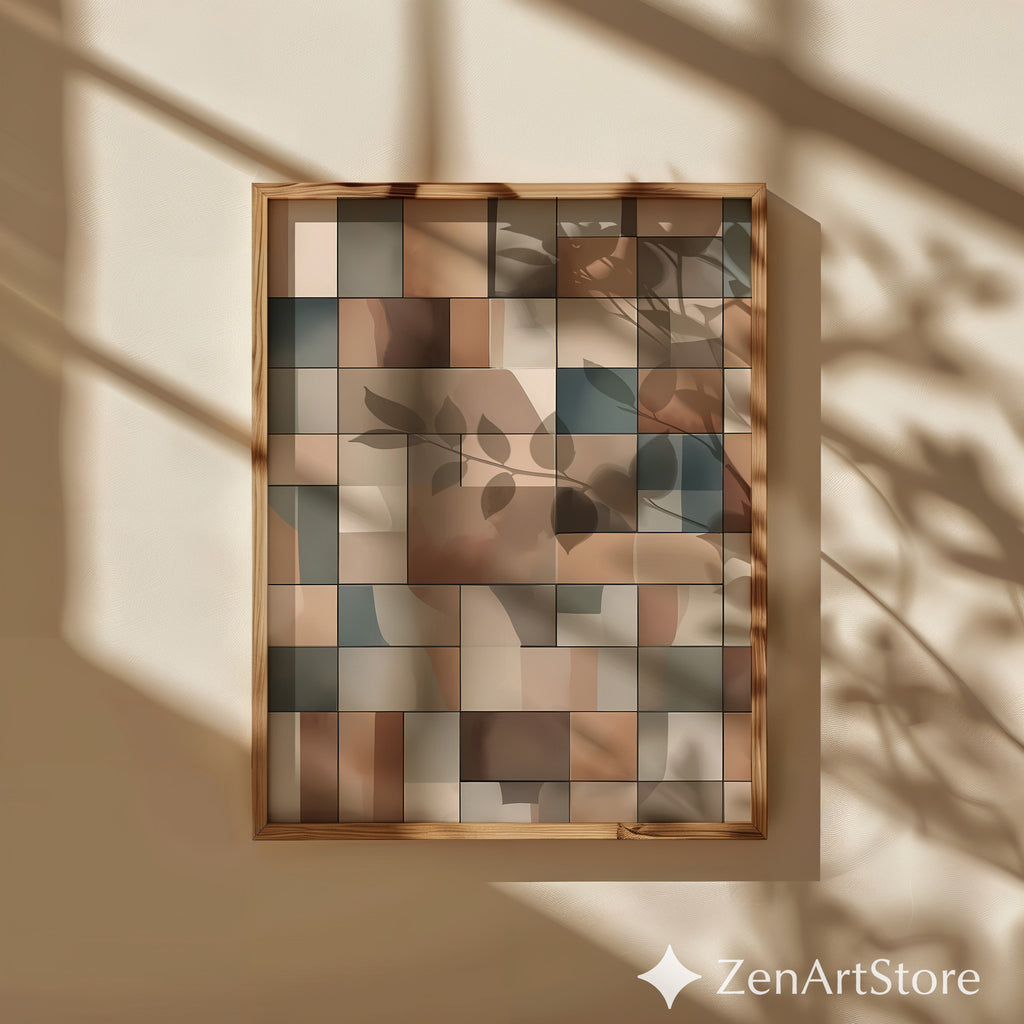 Neutral Geometric Wall Art Beige Brown Abstract Tiles Modern Minimalist Home Decor