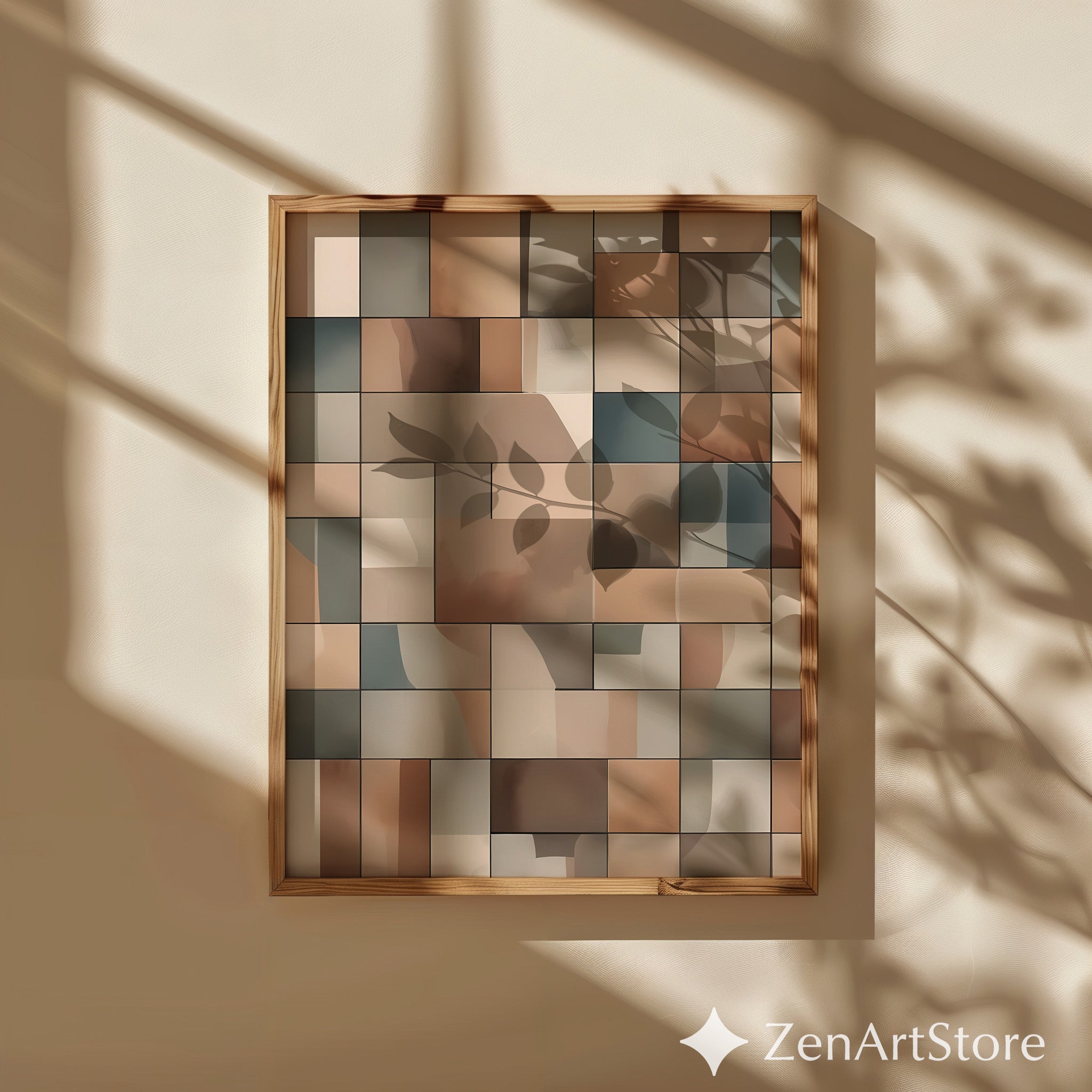 Neutral Geometric Wall Art Beige Brown Abstract Tiles Modern Minimalist Home Decor