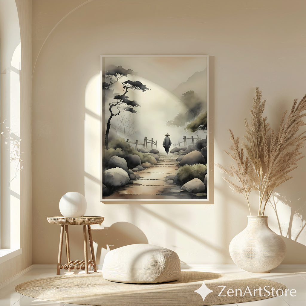 Misty Japanese Pathway Zen Landscape Print - Minimal Japandi Wall Art, Neutral Sumi-e Home Decor