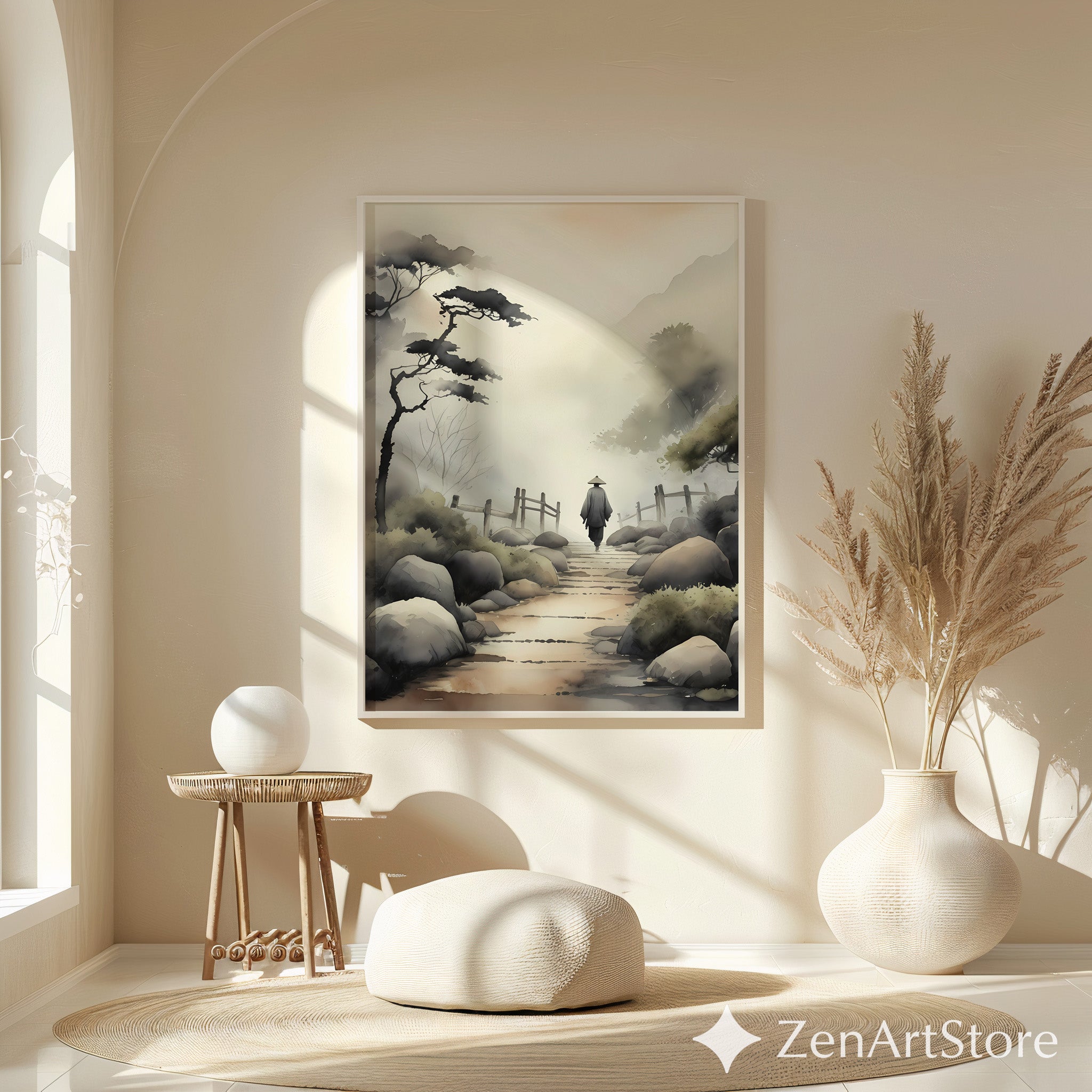 Misty Japanese Pathway Zen Landscape Print - Minimal Japandi Wall Art, Neutral Sumi-e Home Decor