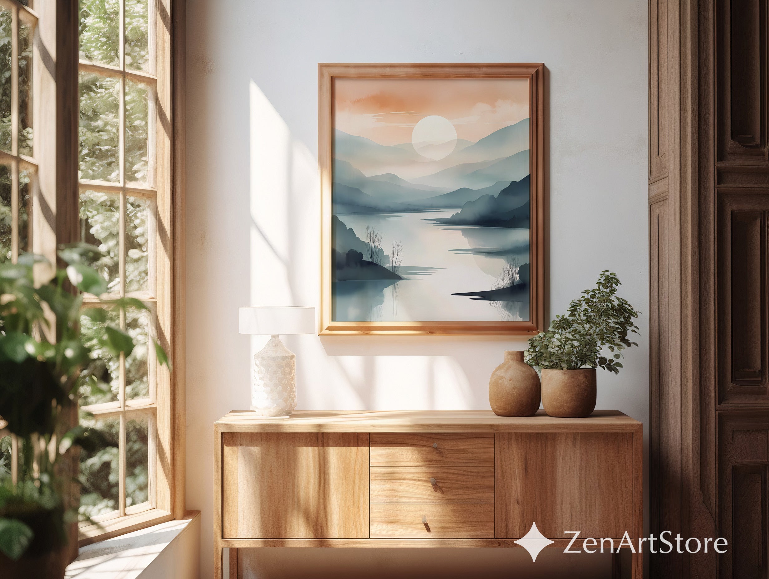 Sunrise Mist Landscape Print – Minimal Japandi Zen Wall Art, Neutral Mountain Lake Poster for Living Room