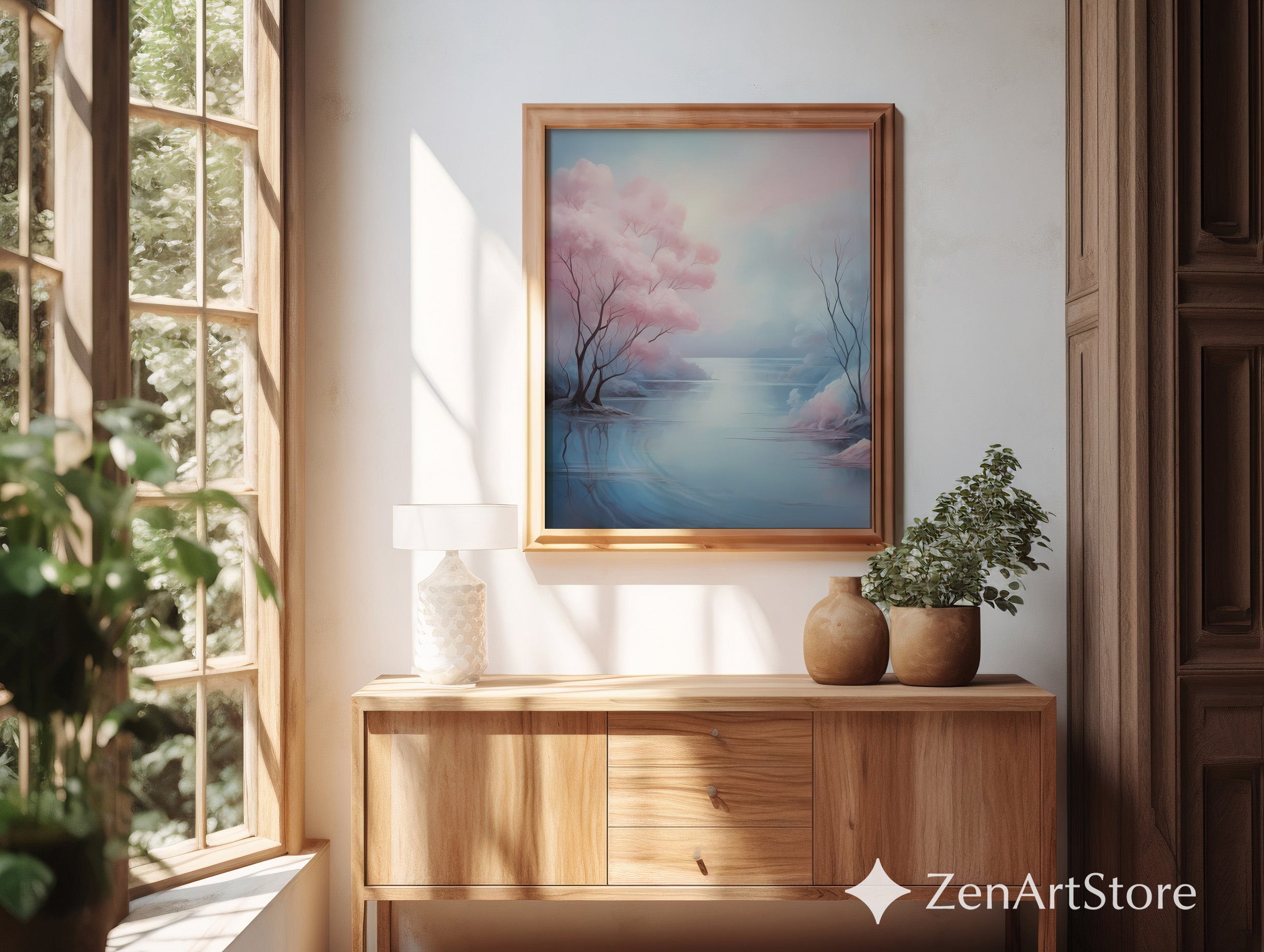 Serene Pastel Landscape Art Print - Pink Tree Lake Wall Art, Zen Minimal Japandi Home Decor