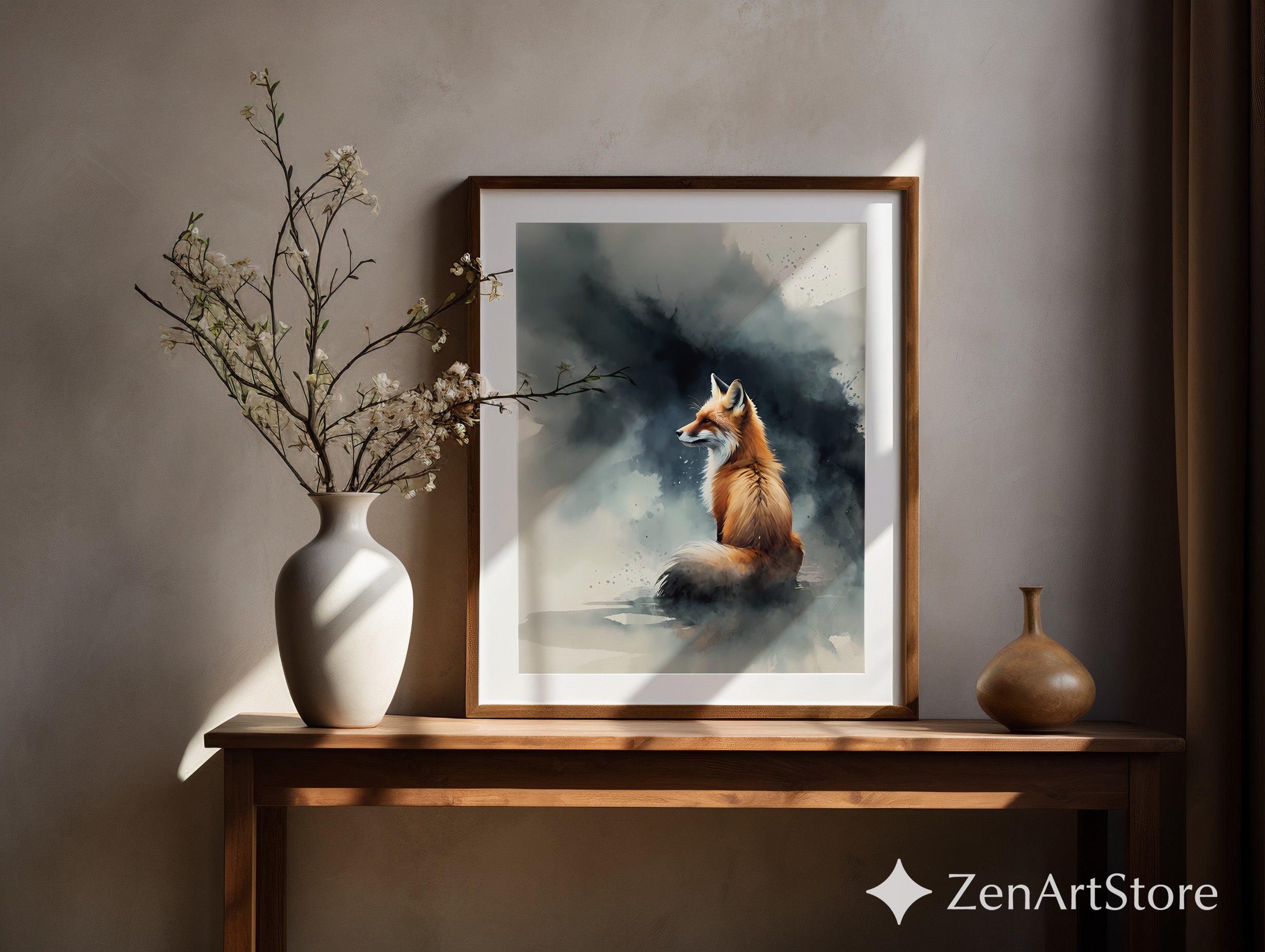 Red Fox Watercolor Art Print - Minimal Fox Wall Art, Woodland Animal Decor for Japandi & Scandinavian Neutral Homes
