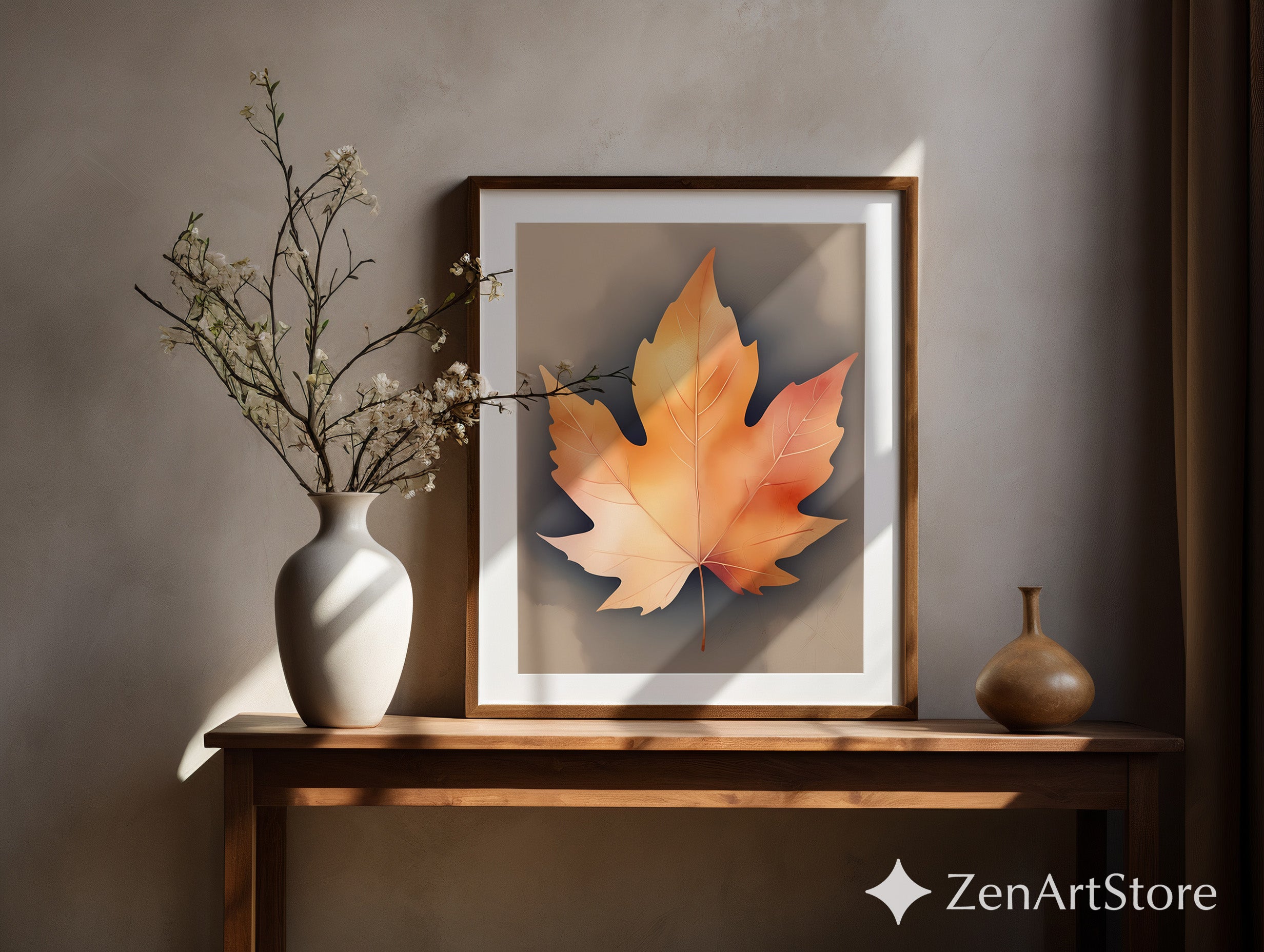 Neutral Autumn Leaf Wall Art - Minimal Maple Leaf Print, Japandi Wabi-Sabi Fall Home Decor, Beige Botanical Wall Art