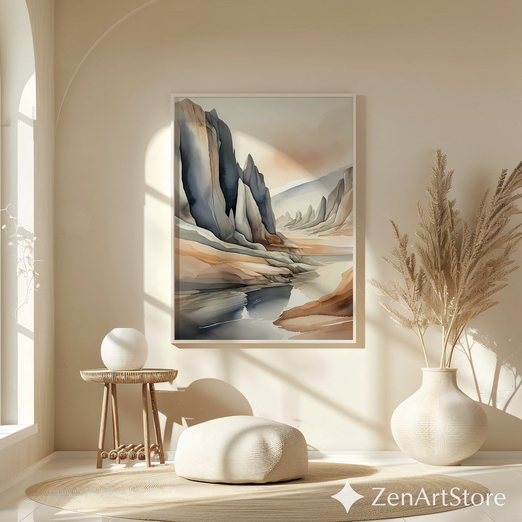 Neutral Abstract Landscape Art Print — Japandi Minimalist Mountain Wall Art, Beige & Slate Home Decor