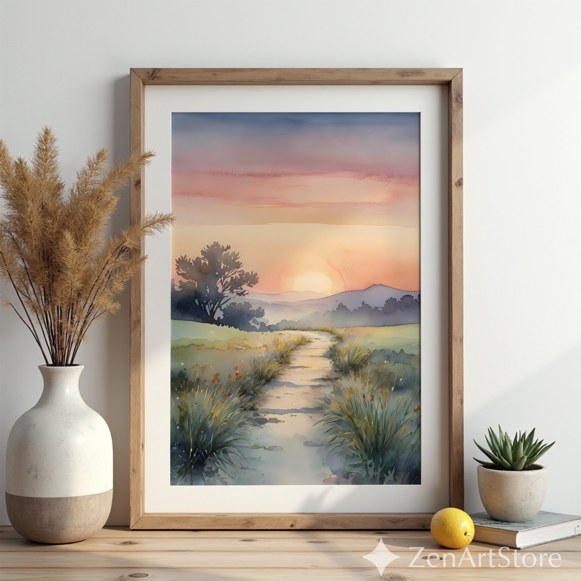 Serene Watercolor Sunrise Path Landscape Print - Calming Neutral Wall Art for Living Room, Japandi Minimal Decor