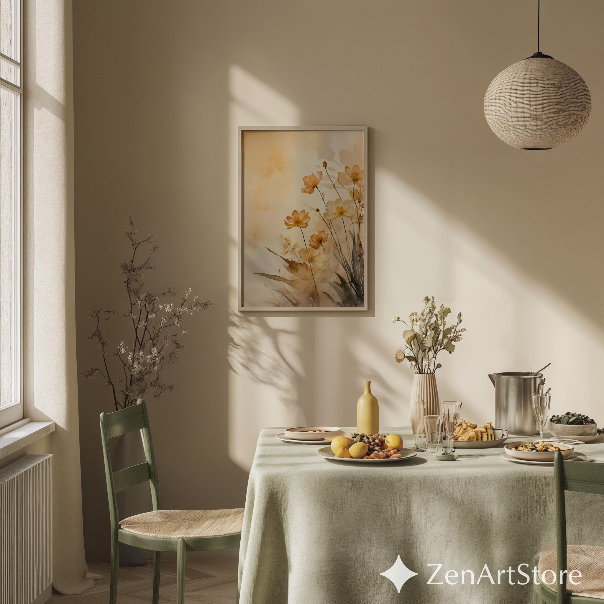 Beige Floral Watercolor Art Print • Neutral Botanical Wall Decor • Minimal Japandi Wabi Sabi Flower Illustration