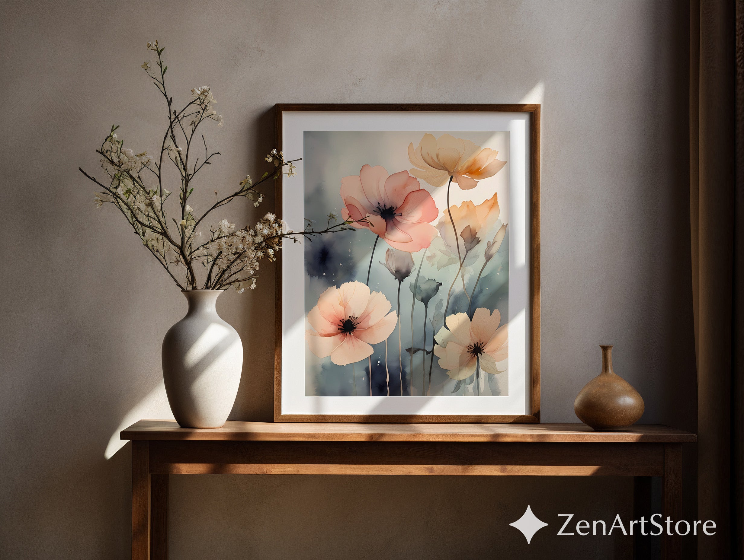 Soft Blush Poppy Watercolor Print - Neutral Floral Wall Art, Minimalist Botanical Canvas for Living Room Bedroom Nursery