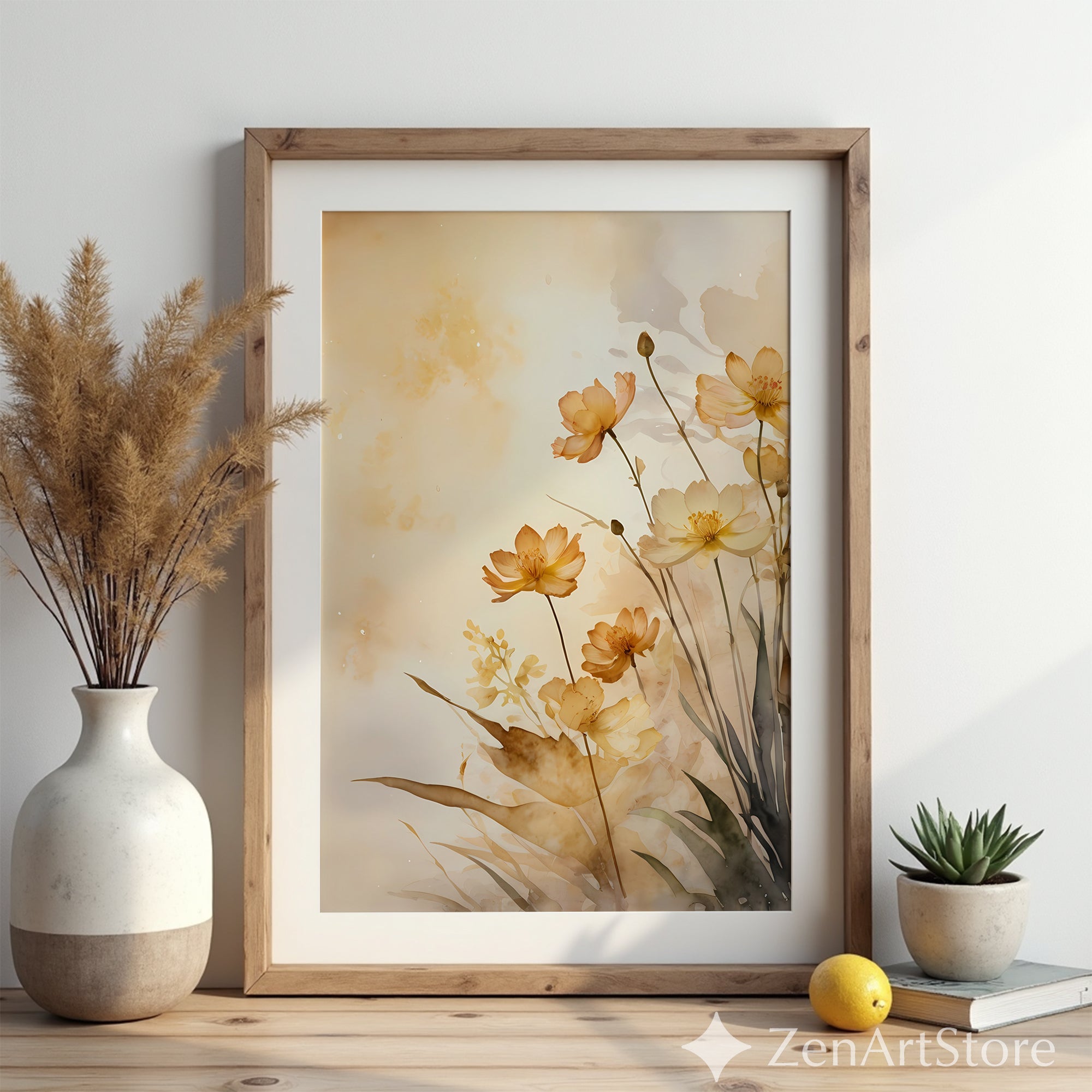 Beige Floral Watercolor Art Print • Neutral Botanical Wall Decor • Minimal Japandi Wabi Sabi Flower Illustration