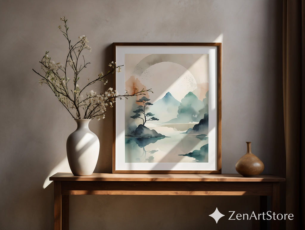 Japandi Watercolor Mountain Print - Zen Minimal Landscape Wall Art, Neutral Beige Teal Abstract for Living Room & Bedroom