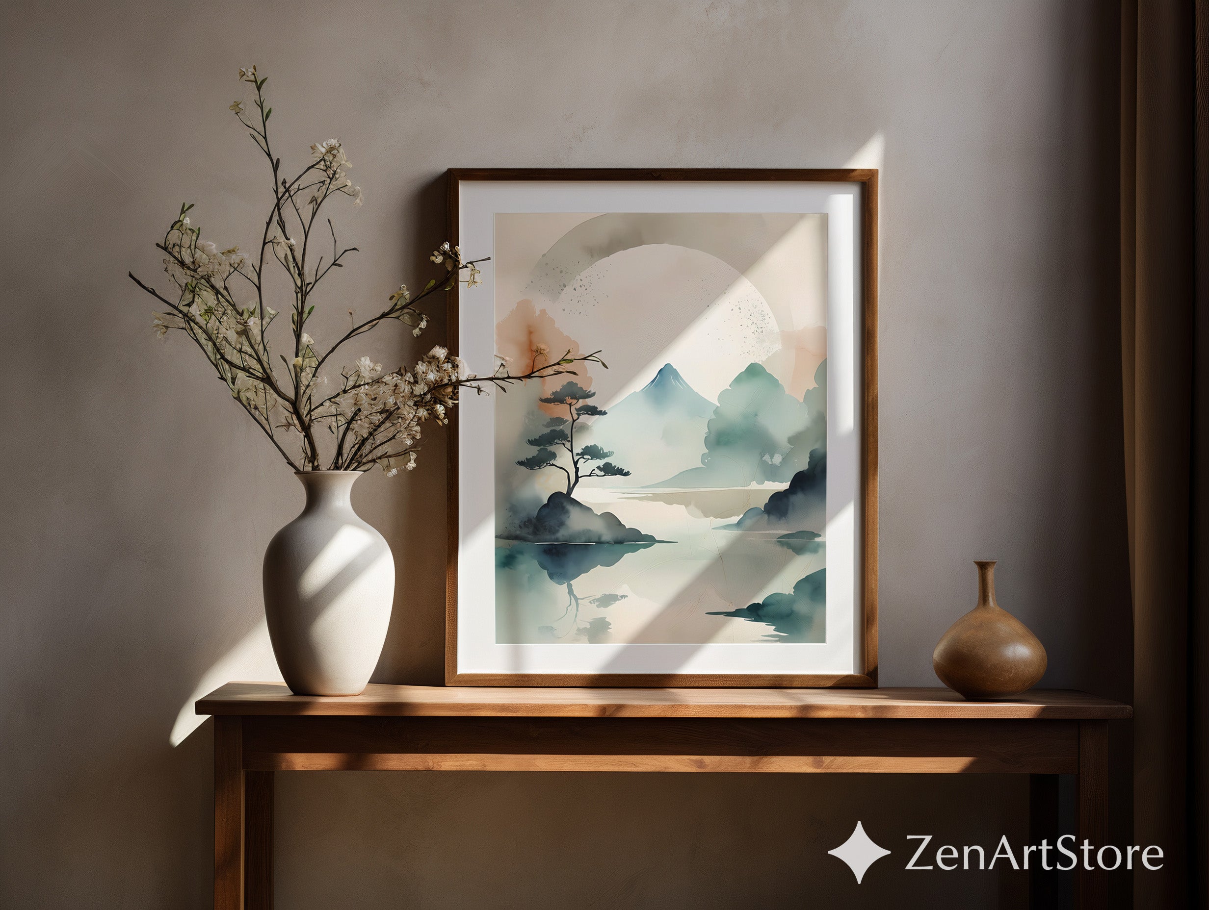 Japandi Watercolor Mountain Print - Zen Minimal Landscape Wall Art, Neutral Beige Teal Abstract for Living Room & Bedroom
