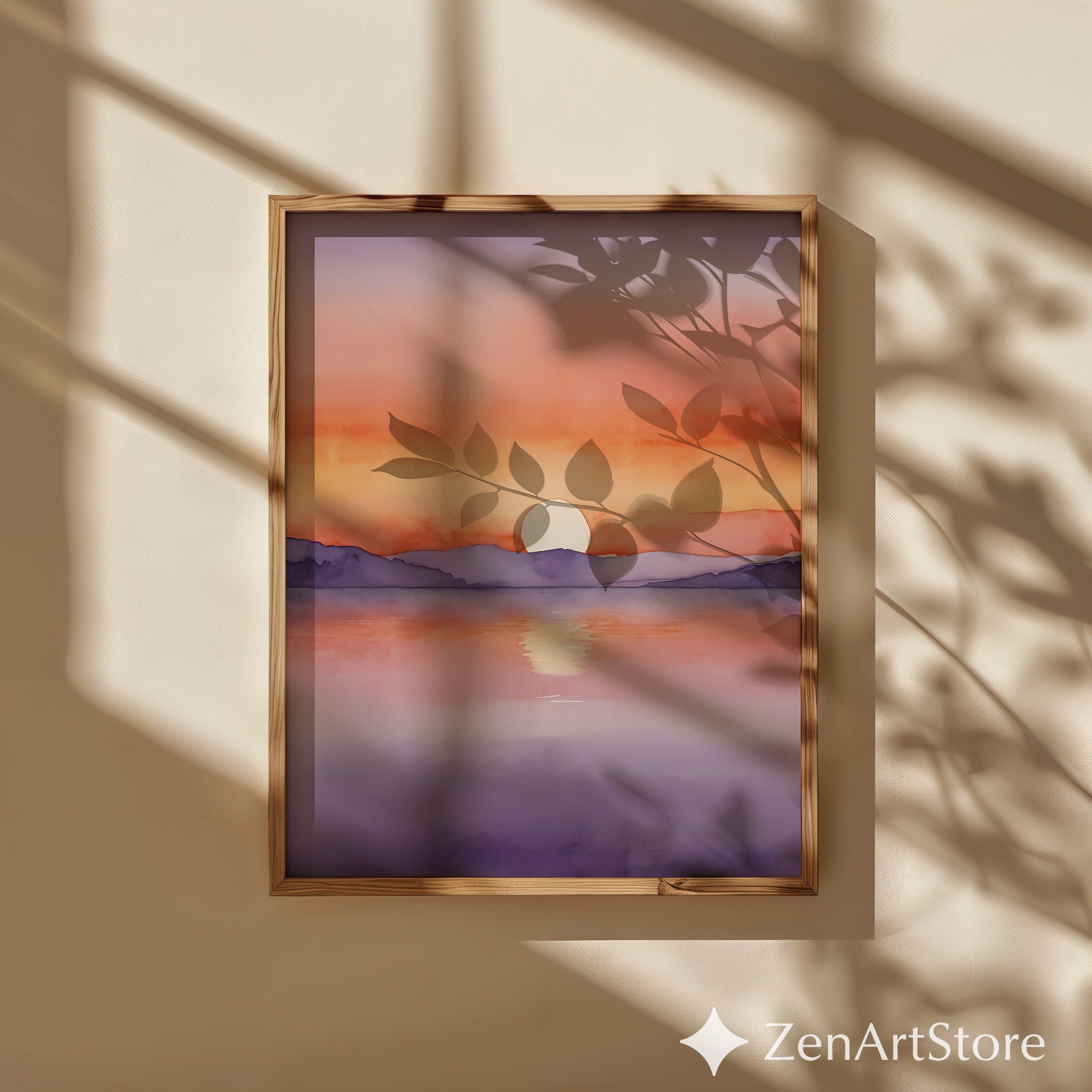 Sunset Watercolor Landscape Print - Minimal Sunrise Art for Japandi & Scandinavian Calming Wall Decor