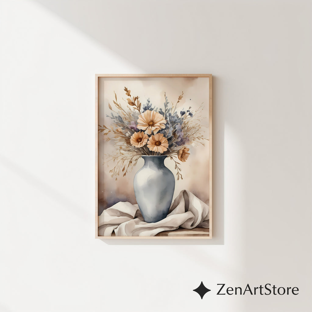 Neutral Floral Vase Art Print - Japandi Wabi Sabi Beige Botanical Wall Decor, Minimal Scandinavian Home Accent