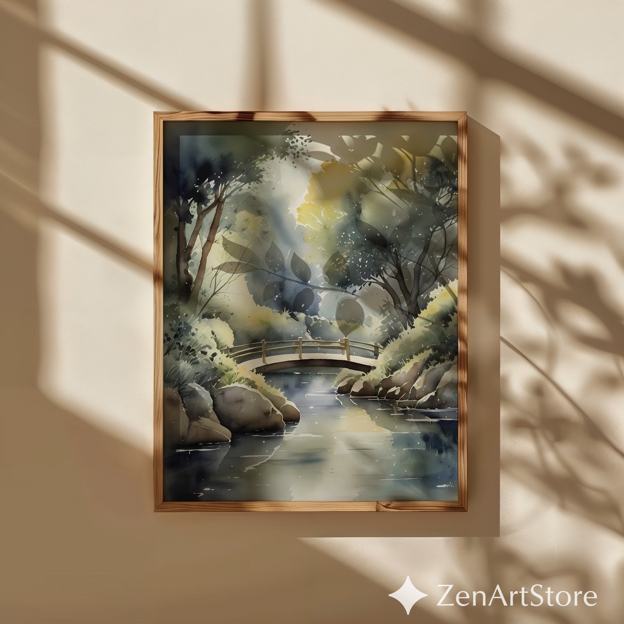 Zen Watercolor Bridge Print - Serene Forest Landscape Art, Japandi Neutral Wall Decor, Calming Giclée or Digital Download