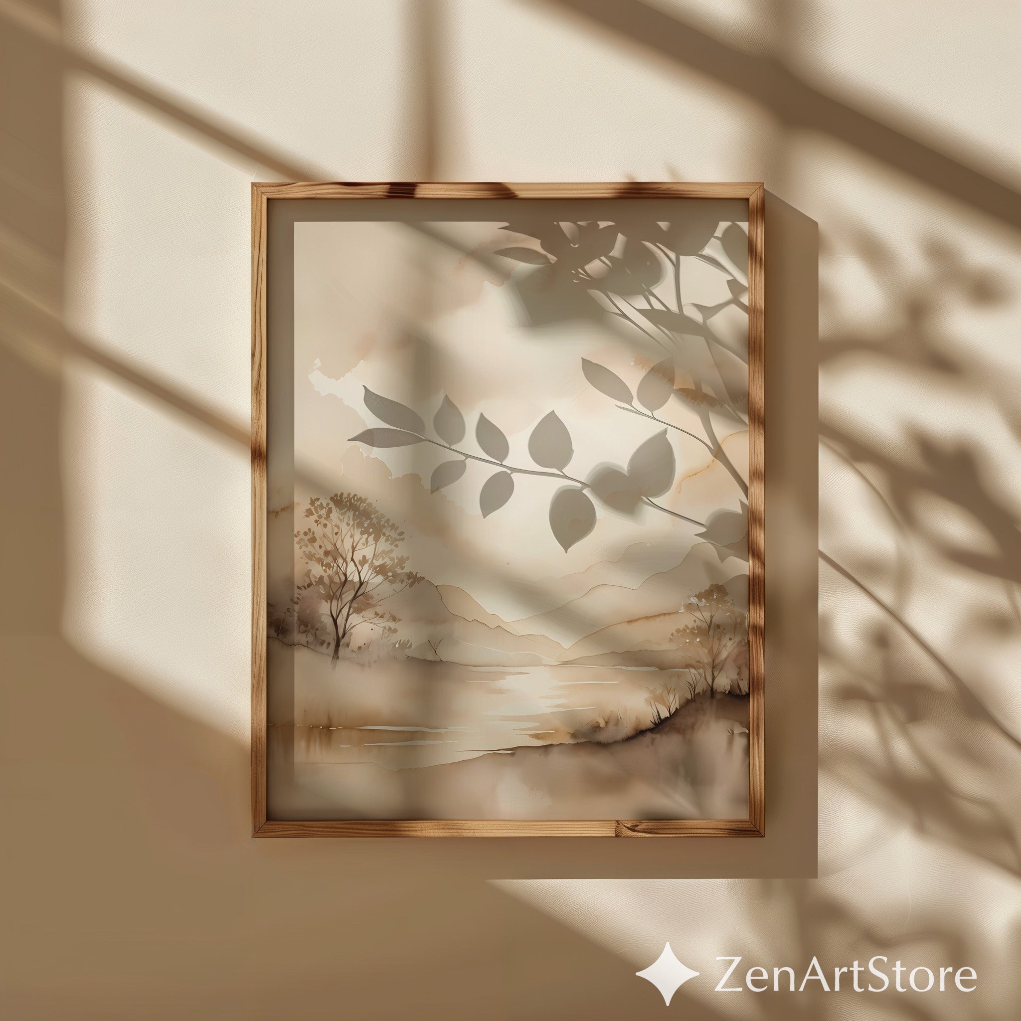 Sepia Watercolor Landscape Art Print - Minimal Neutral Lake & Mountain Wall Decor for Japandi, Scandinavian, Boho Home