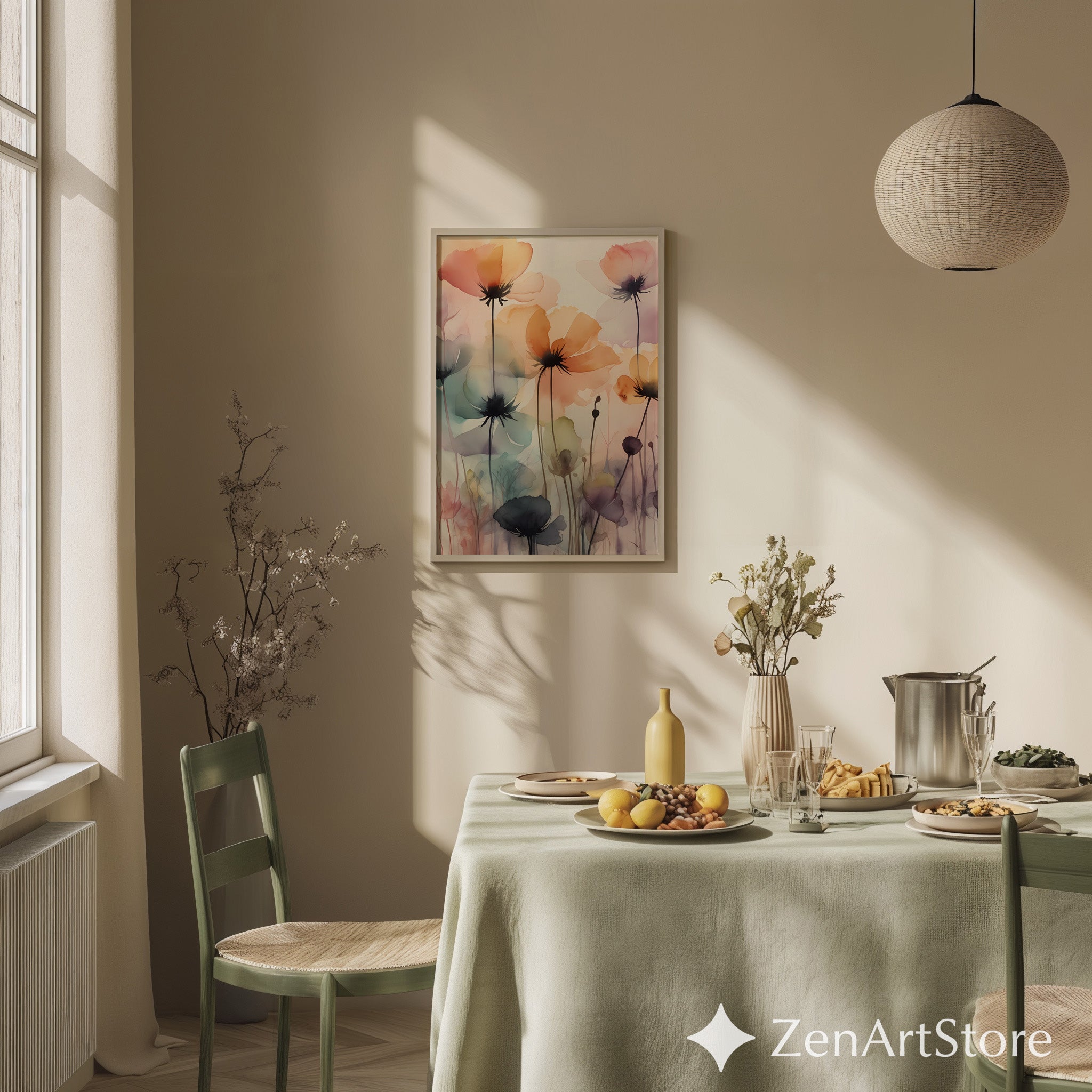 Ethereal Watercolor Poppy Wall Art Print - Soft Pastel Floral Poster for Living Room, Bedroom, Nursery, Japandi Minimal Home Decor