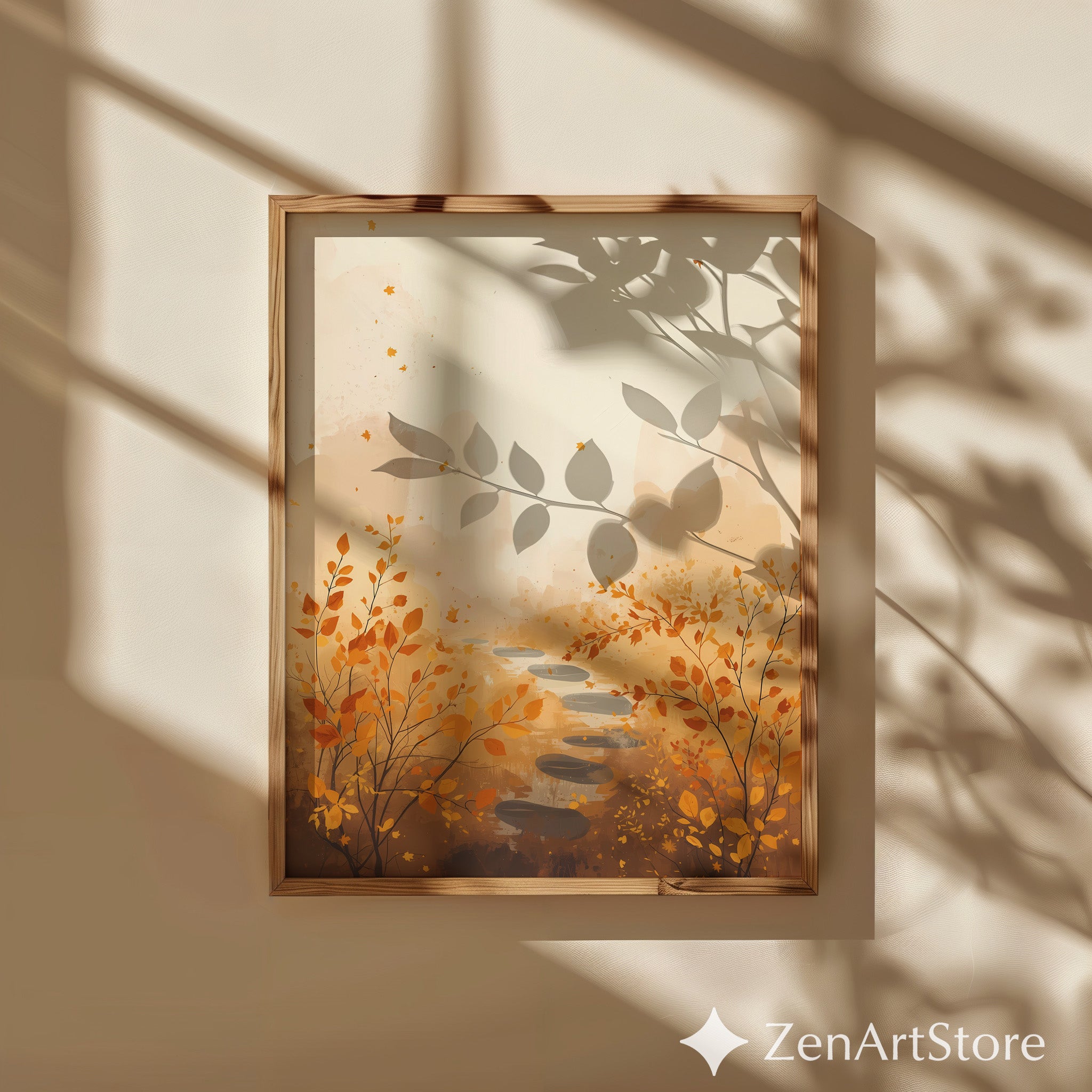 Autumn Path Wall Art - Minimal Fall Landscape Print, Japandi Beige Orange Botanical Home Decor