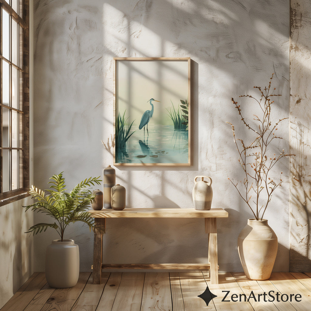 Calm Heron Wetland Wall Art - Minimal Botanical Bird Print for Japandi & Scandinavian Neutral Home Decor