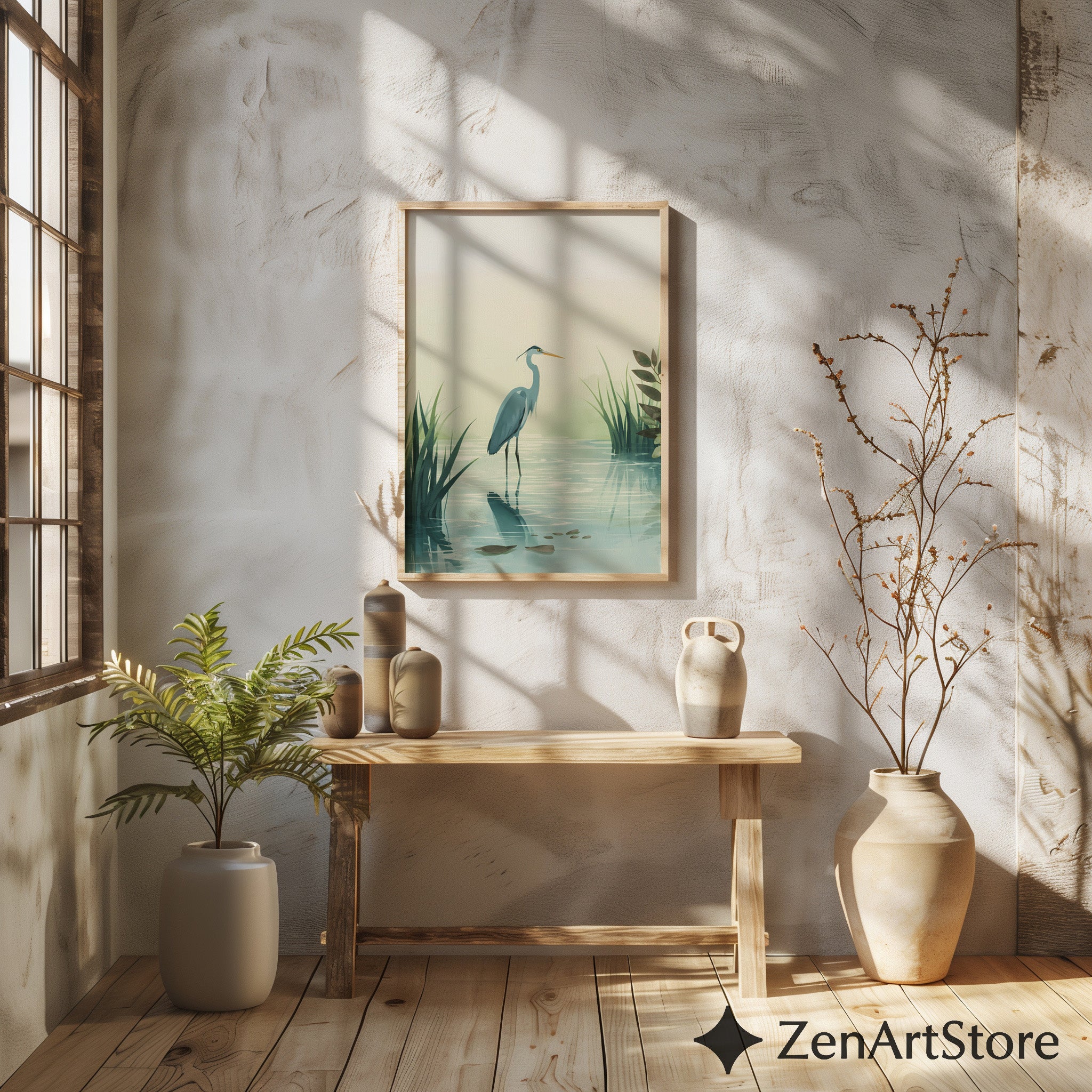 Calm Heron Wetland Wall Art - Minimal Botanical Bird Print for Japandi & Scandinavian Neutral Home Decor