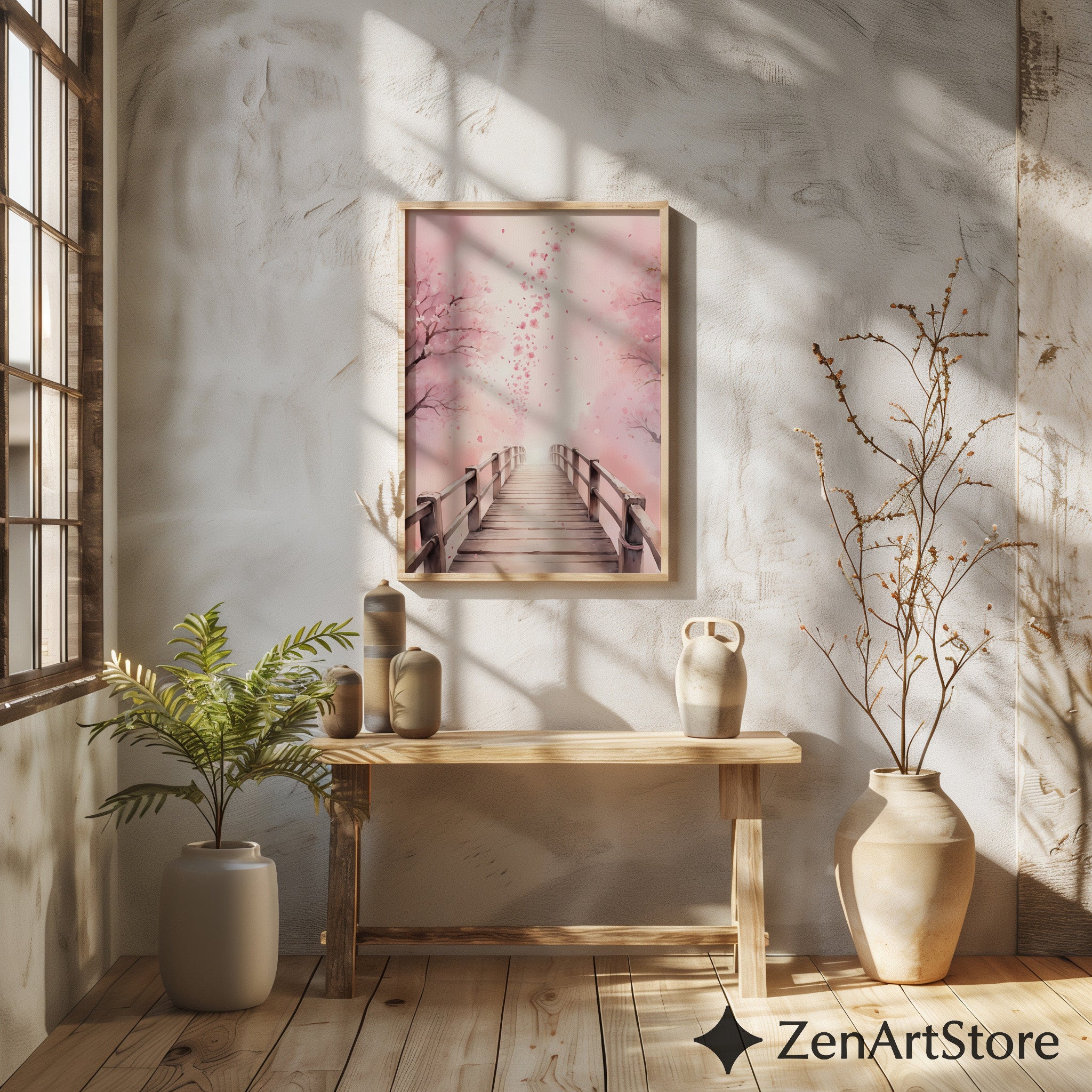 Cherry Blossom Bridge Wall Art - Pink Sakura Canvas Print & Printable, Japandi Minimalist Home Decor