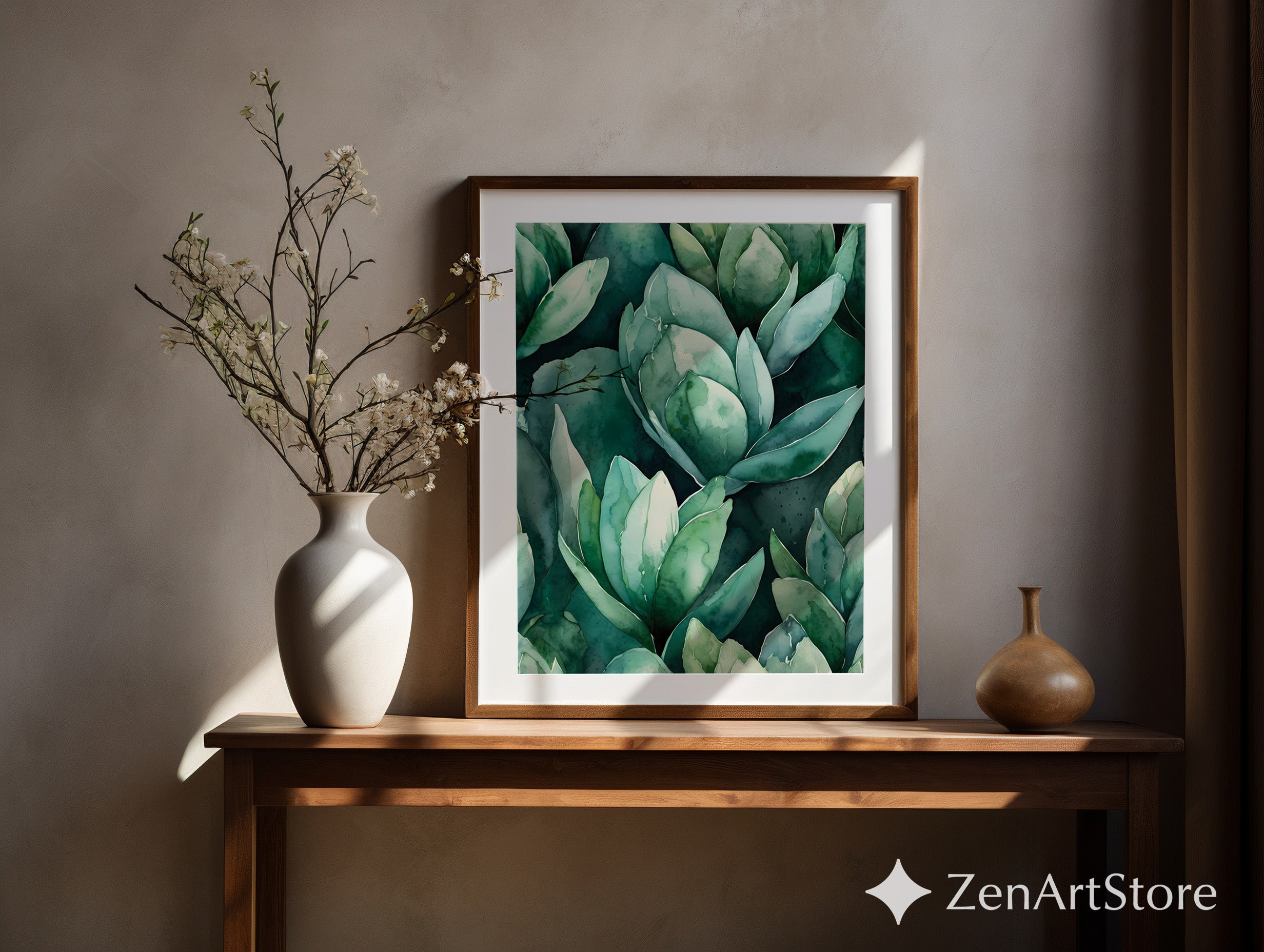Teal Succulent Watercolor Print - Botanical Green Wall Art, Modern Japandi Printable for Living Room & Bedroom