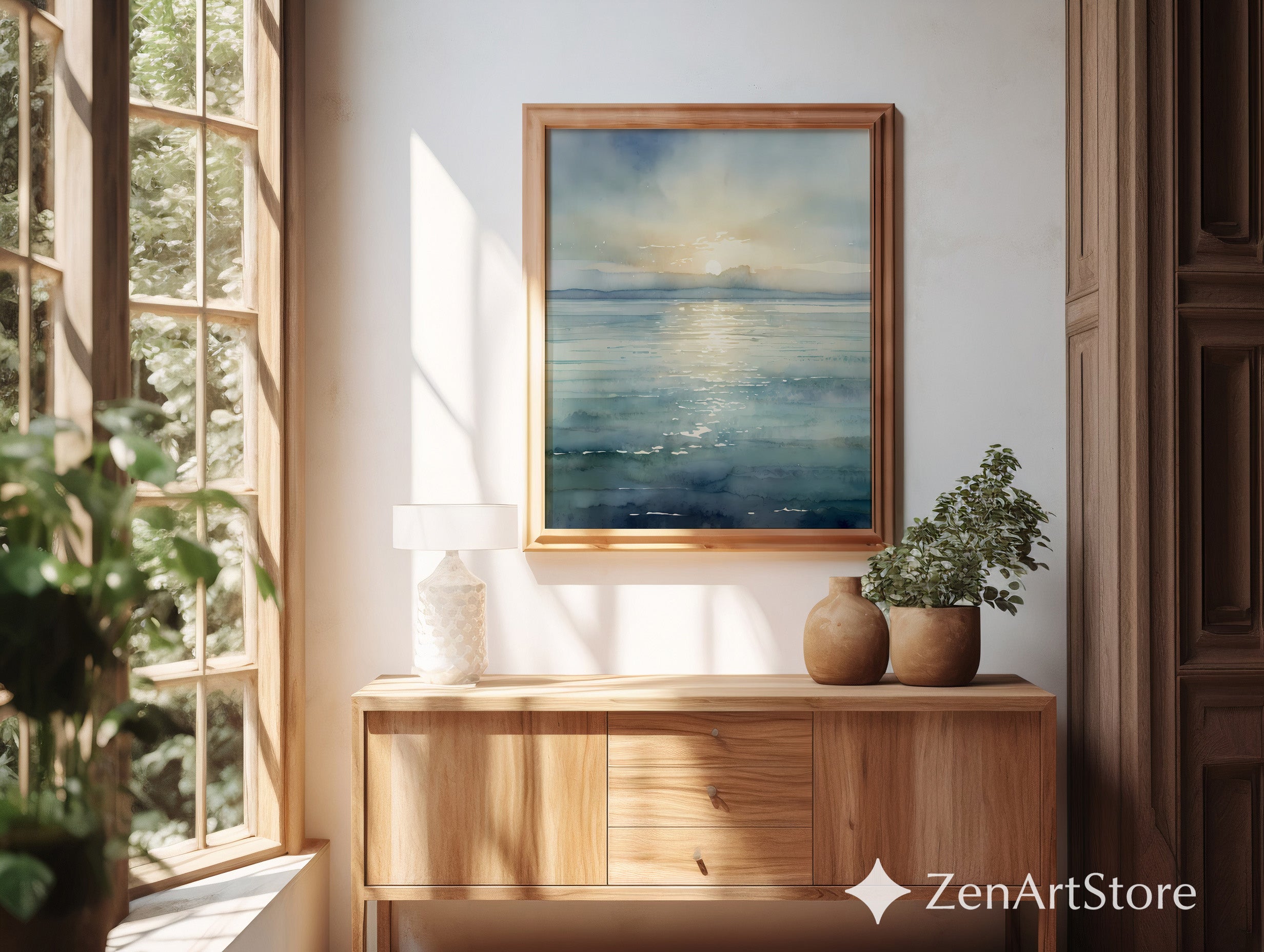 Serene Watercolor Seascape Print - Calm Sunrise Ocean Wall Art, Minimal Coastal Home Decor, Japandi Scandinavian Neutral