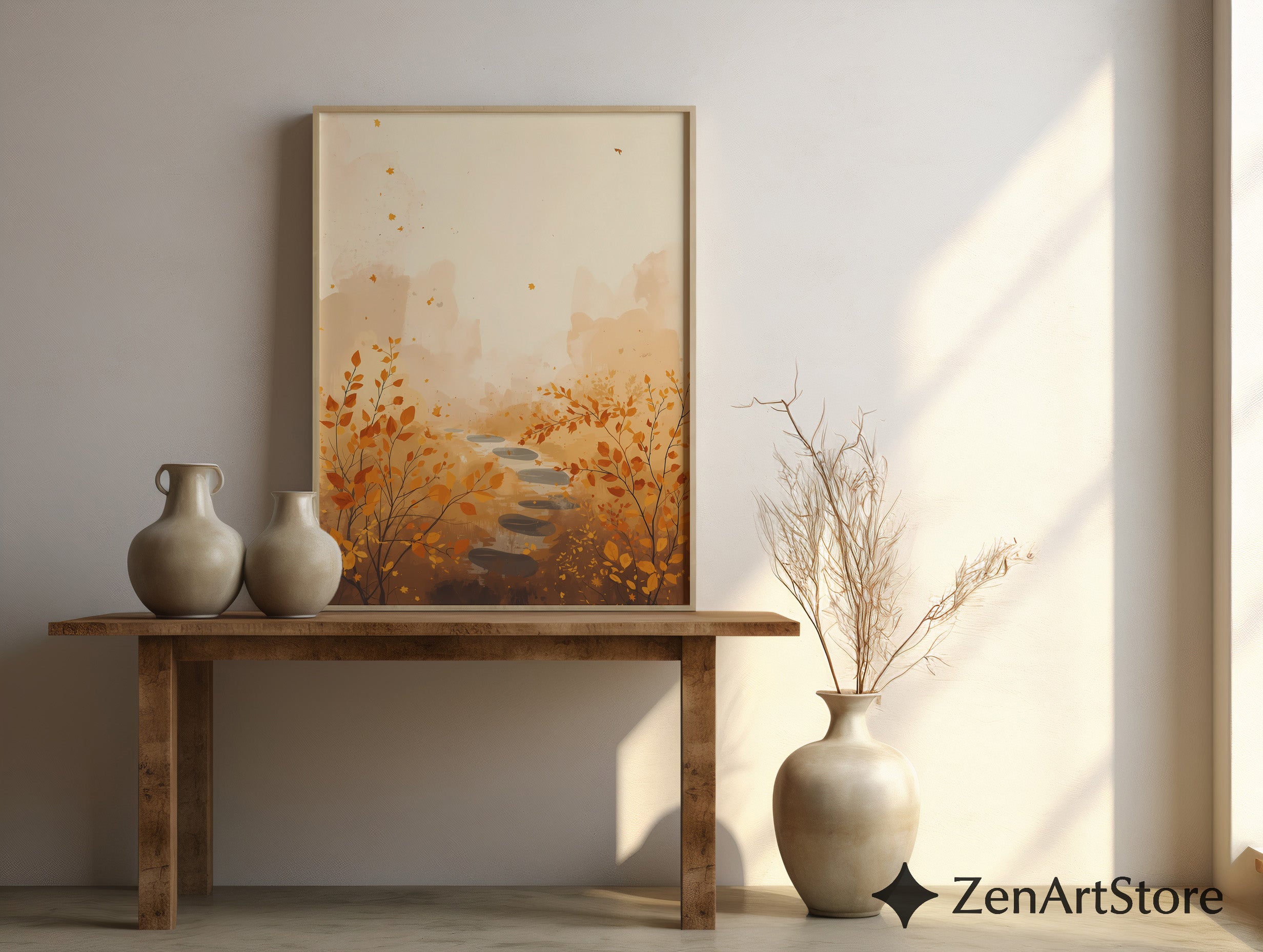 Autumn Path Wall Art - Minimal Fall Landscape Print, Japandi Beige Orange Botanical Home Decor