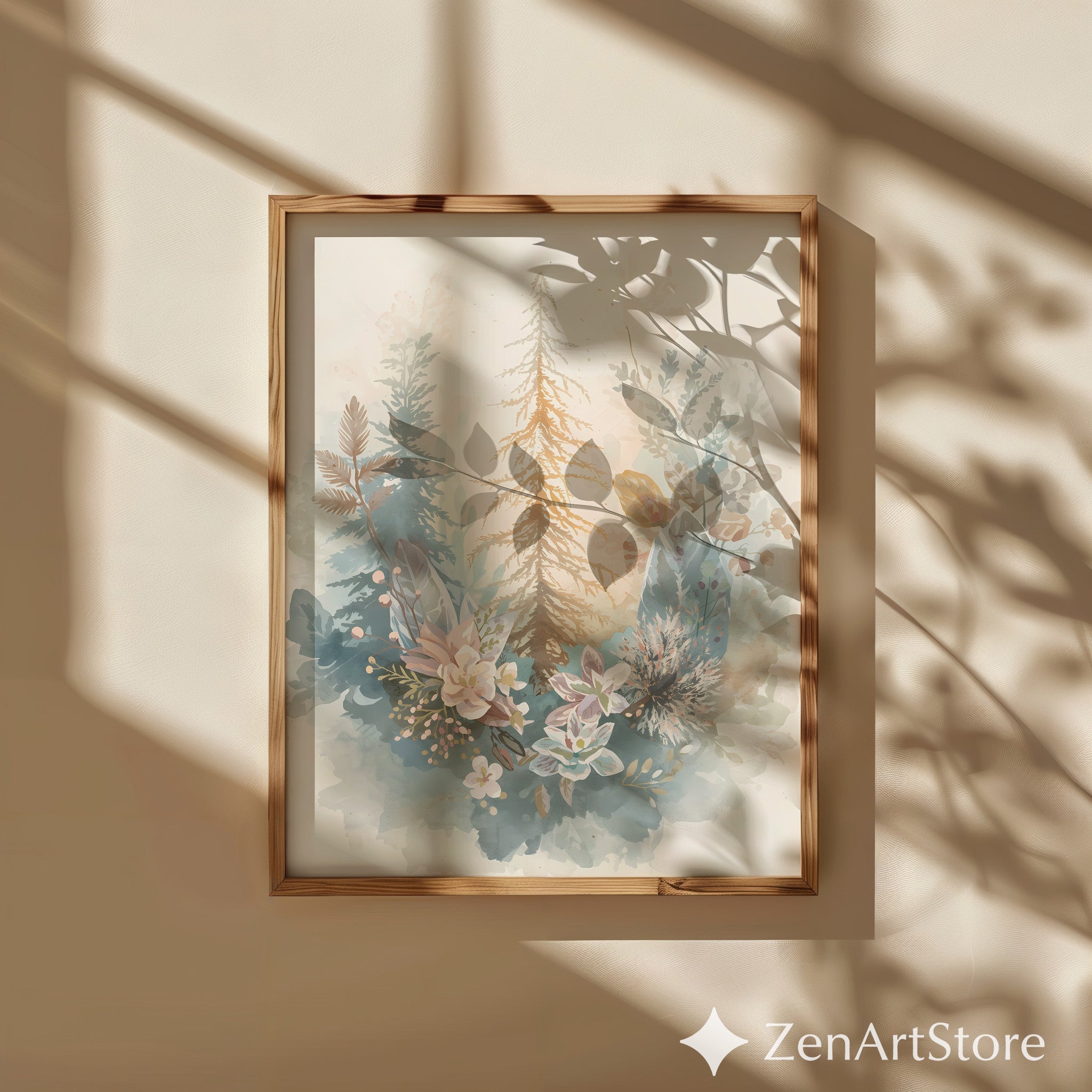 Neutral Watercolor Botanical Forest Print - Pastel Floral & Pine Wall Art, Japandi Minimal Home Decor