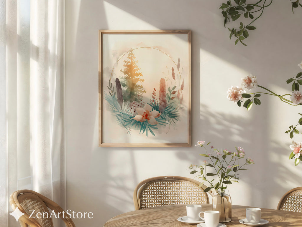 Neutral Botanical Watercolor Print with Gold Halo - Japandi Wabi Sabi Floral Wall Art