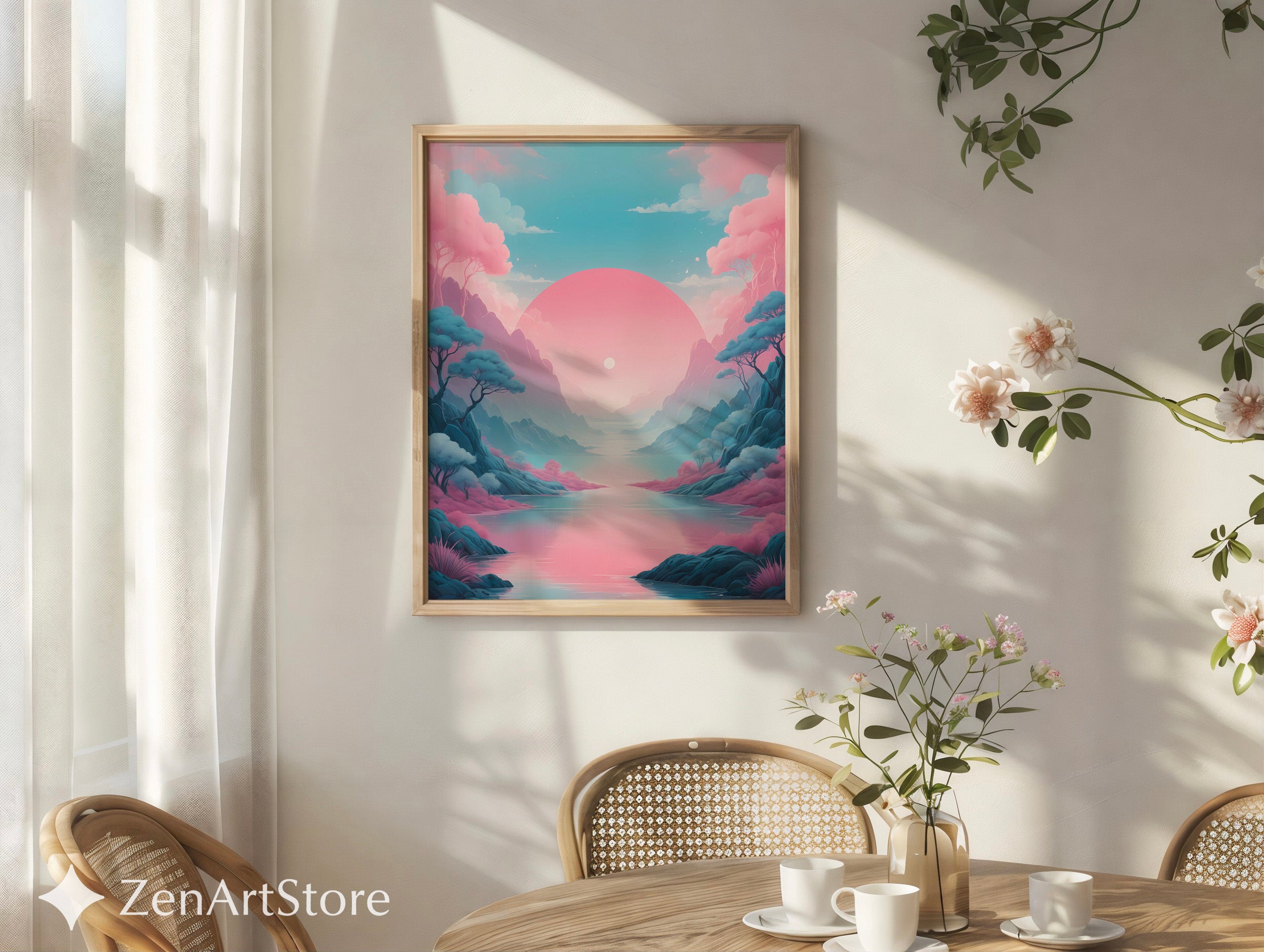 Pastel Sunrise Landscape Wall Art - Pink & Blue Minimal Zen Print for Living Room, Bedroom Japandi Home Decor