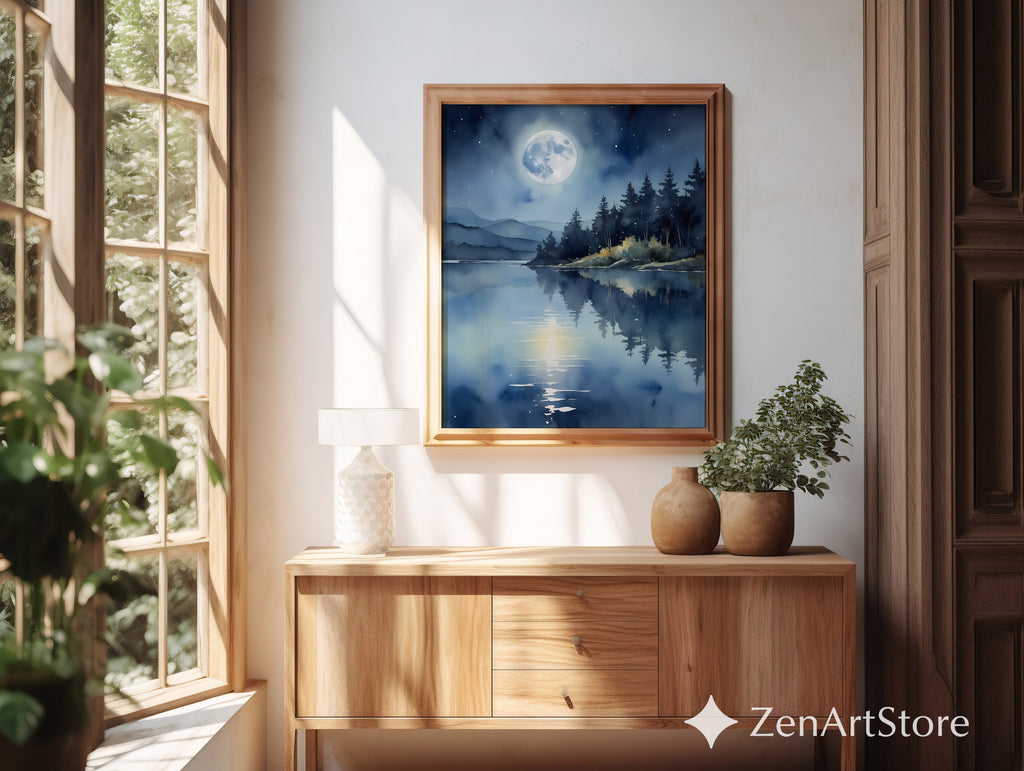 Moonlight Lake Wall Art - Serene Blue Night Landscape Print, Minimal Zen Moon Reflection for Bedroom Living Room Decor