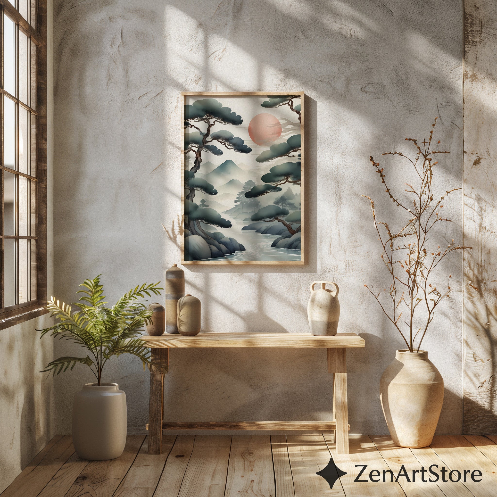 Zen Japanese Landscape Print Misty Pines & Red Sun - Japandi Minimalist Wall Art, Calm Neutral Home Decor (Print or Digital)