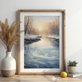 Winter River Sunrise Print - Minimal Scandinavian Landscape Wall Art, Neutral Japandi Zen Home Decor