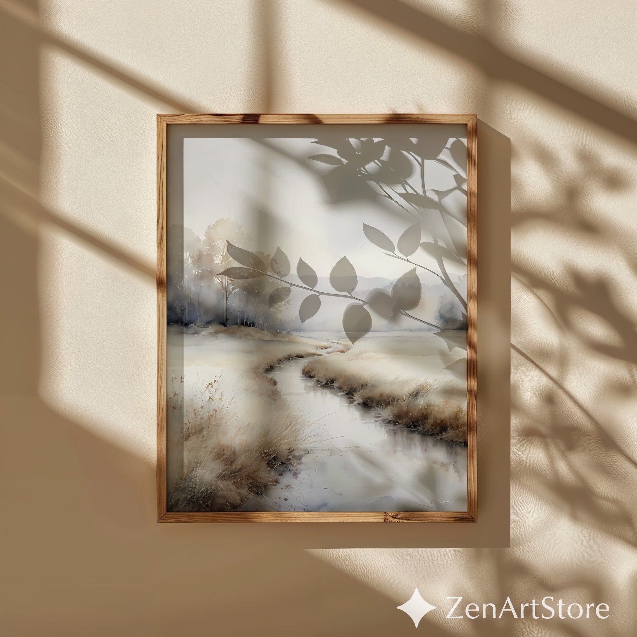 Misty Marsh Watercolor Print - Neutral Beige Landscape Wall Art, Japandi Scandinavian Minimal Home Decor