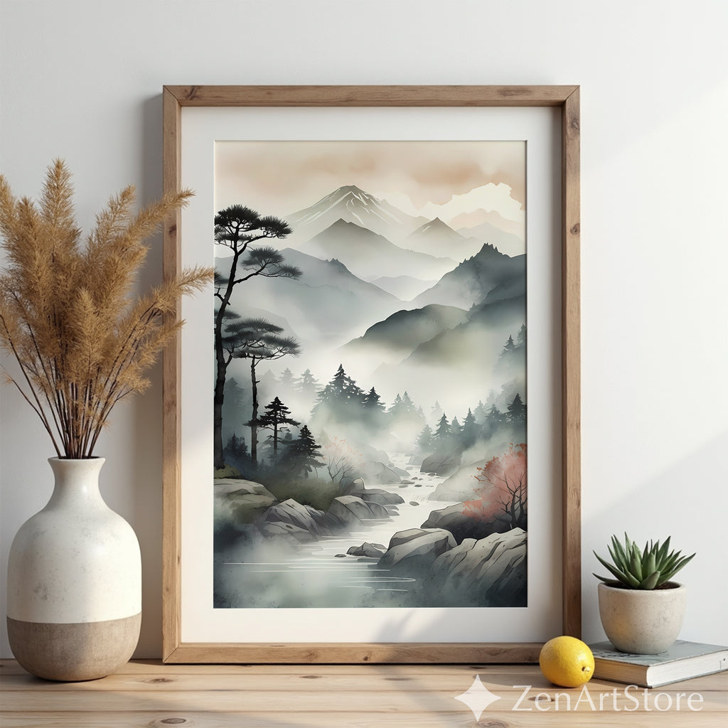Zen Japanese Mountain Mist Printable Wall Art - Minimal Sumi-e Landscape for Calm Home