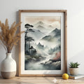 Zen Japanese Mountain Mist Printable Wall Art - Minimal Sumi-e Landscape for Calm Home