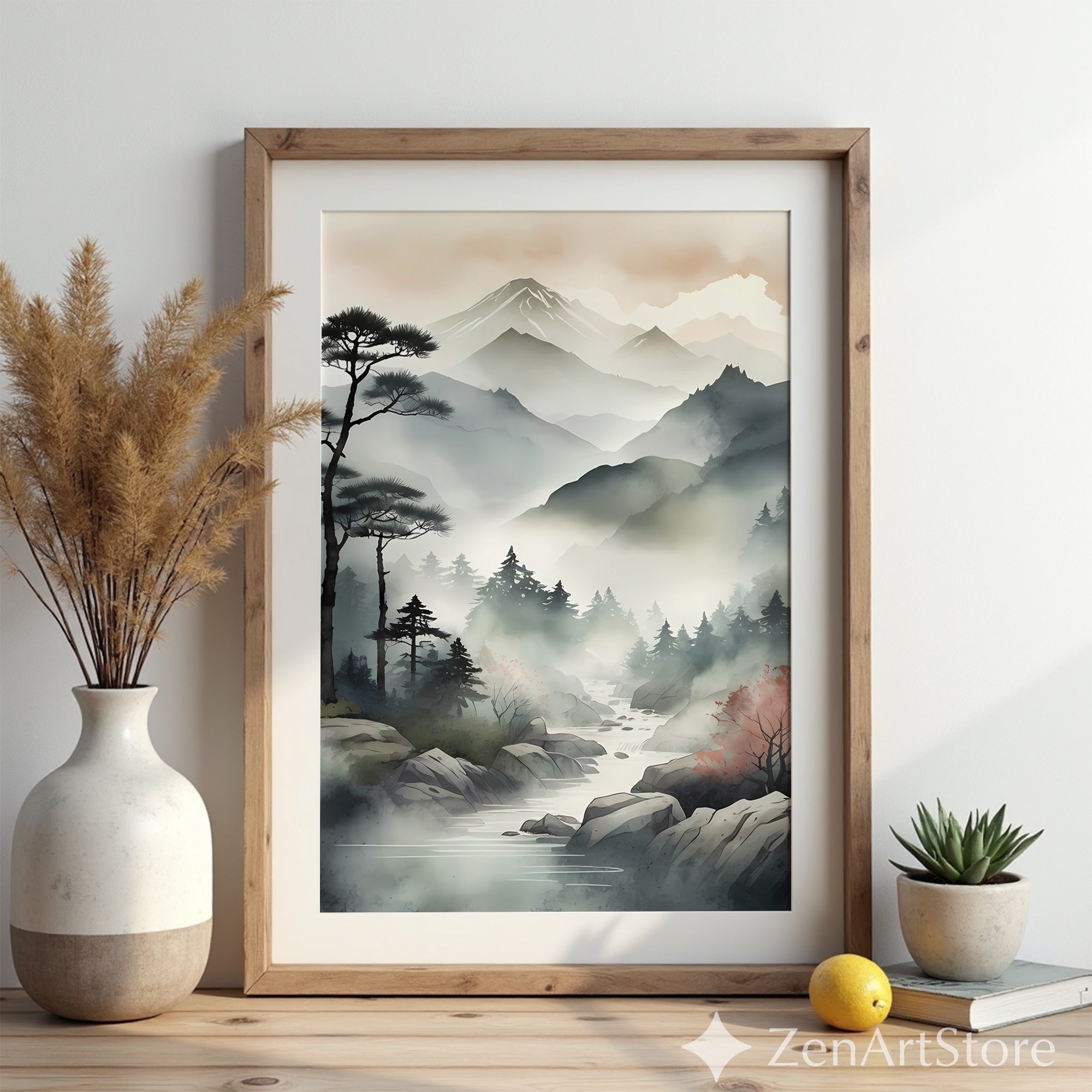 Zen Japanese Mountain Mist Printable Wall Art - Minimal Sumi-e Landscape for Calm Home